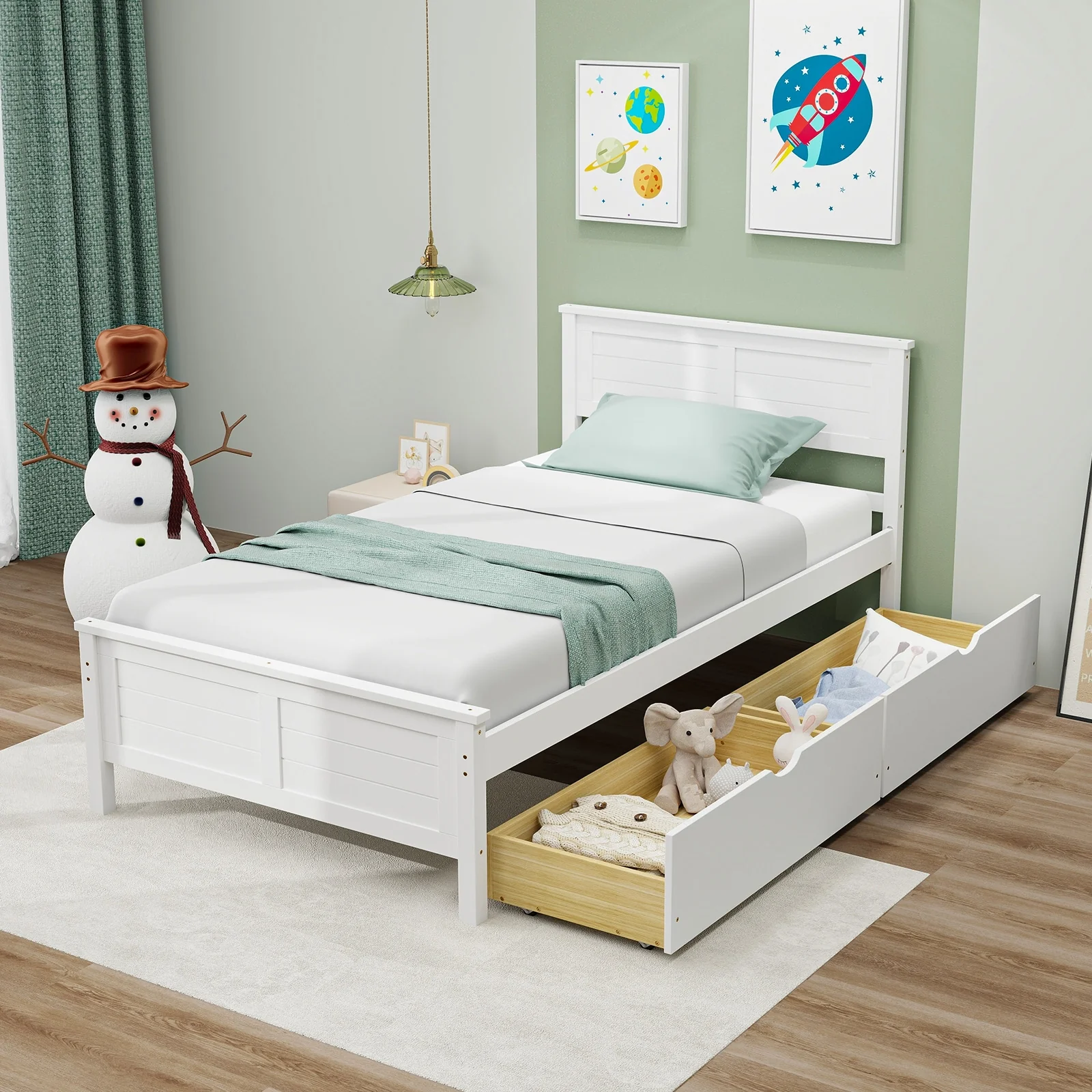 Twin Size Bed Frame With Storage Drawers, White - Image 3