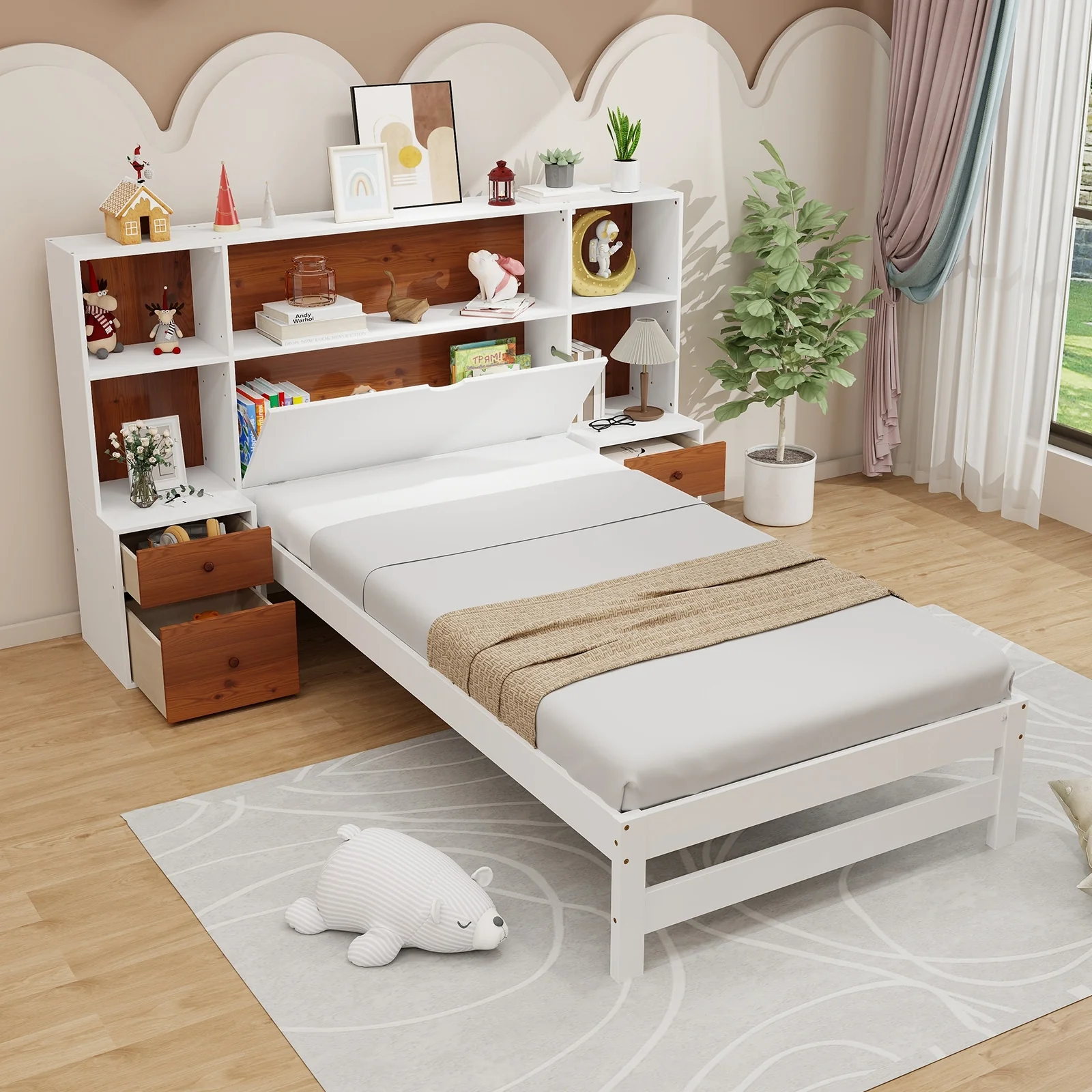 Twin Size, Bed Frame With Storage Headboard, Nightstands, White - Image 6