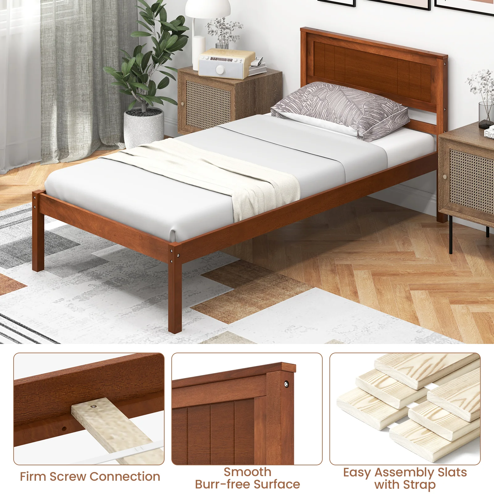 Twin Size Bed Frame With Wooden Headboard, Slat Support, Walnut - Image 10