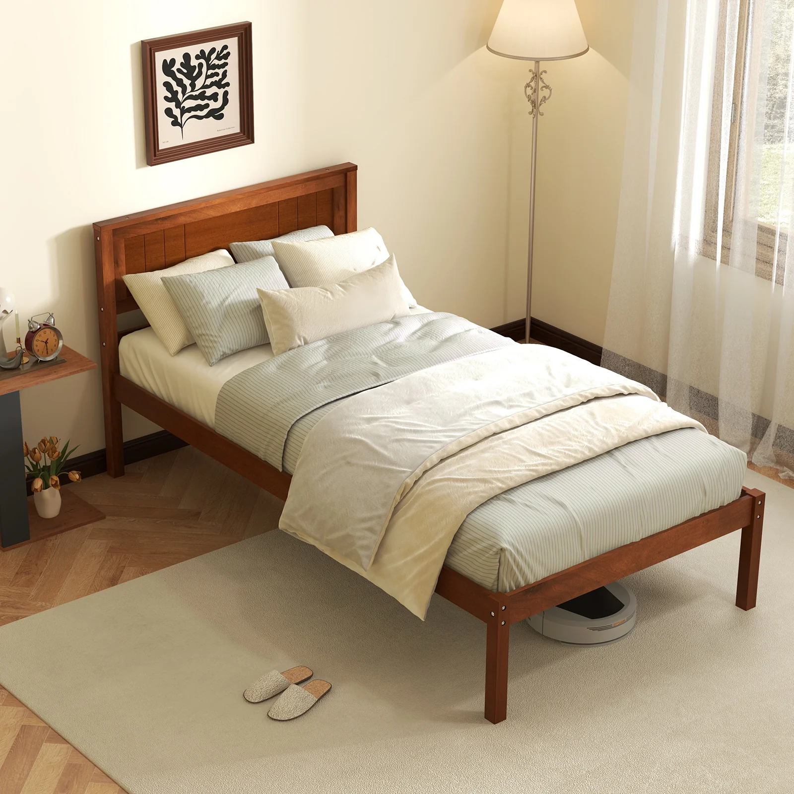 Twin Size Bed Frame With Wooden Headboard, Slat Support, Walnut - Image 2