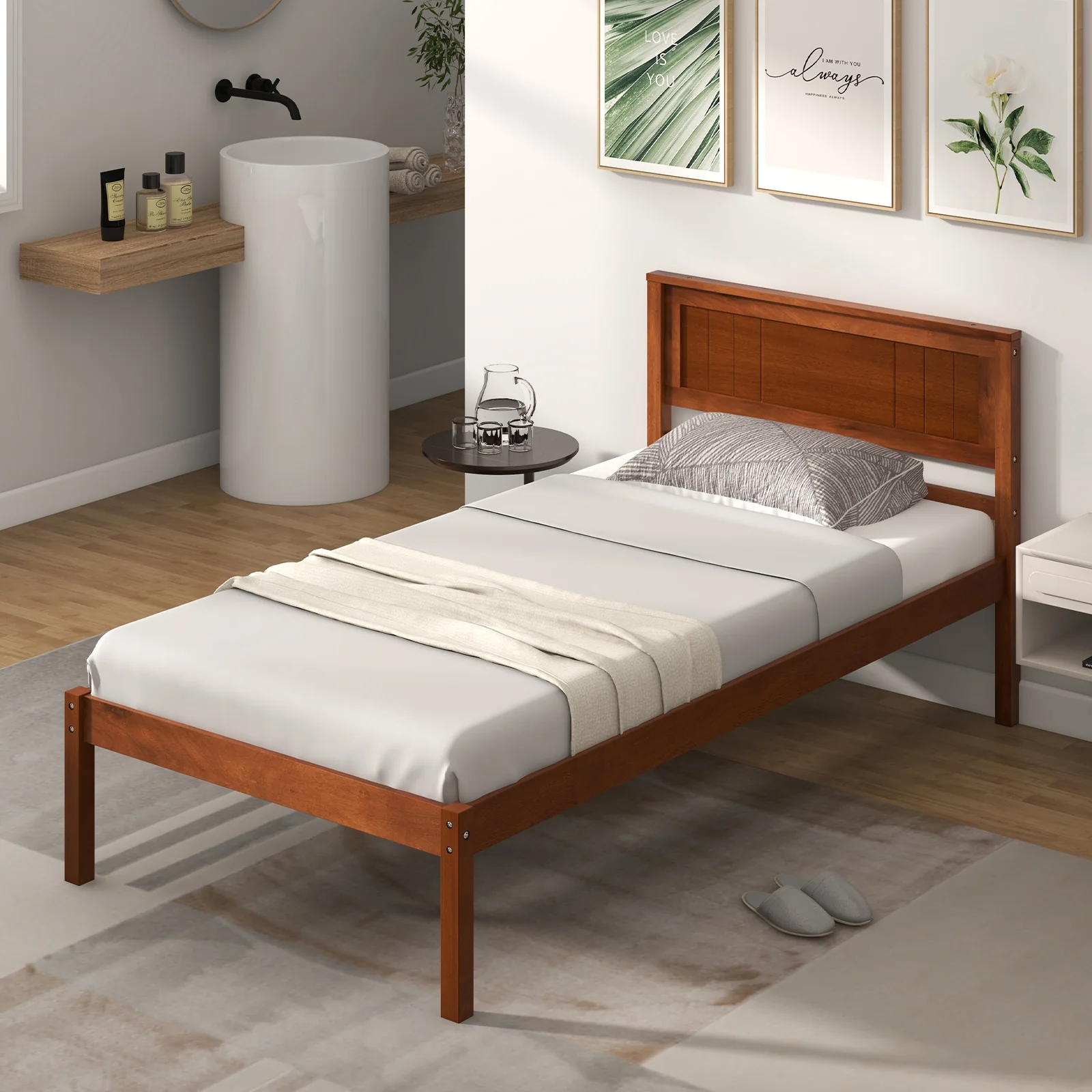 Twin Size Bed Frame With Wooden Headboard, Slat Support, Walnut - Image 3