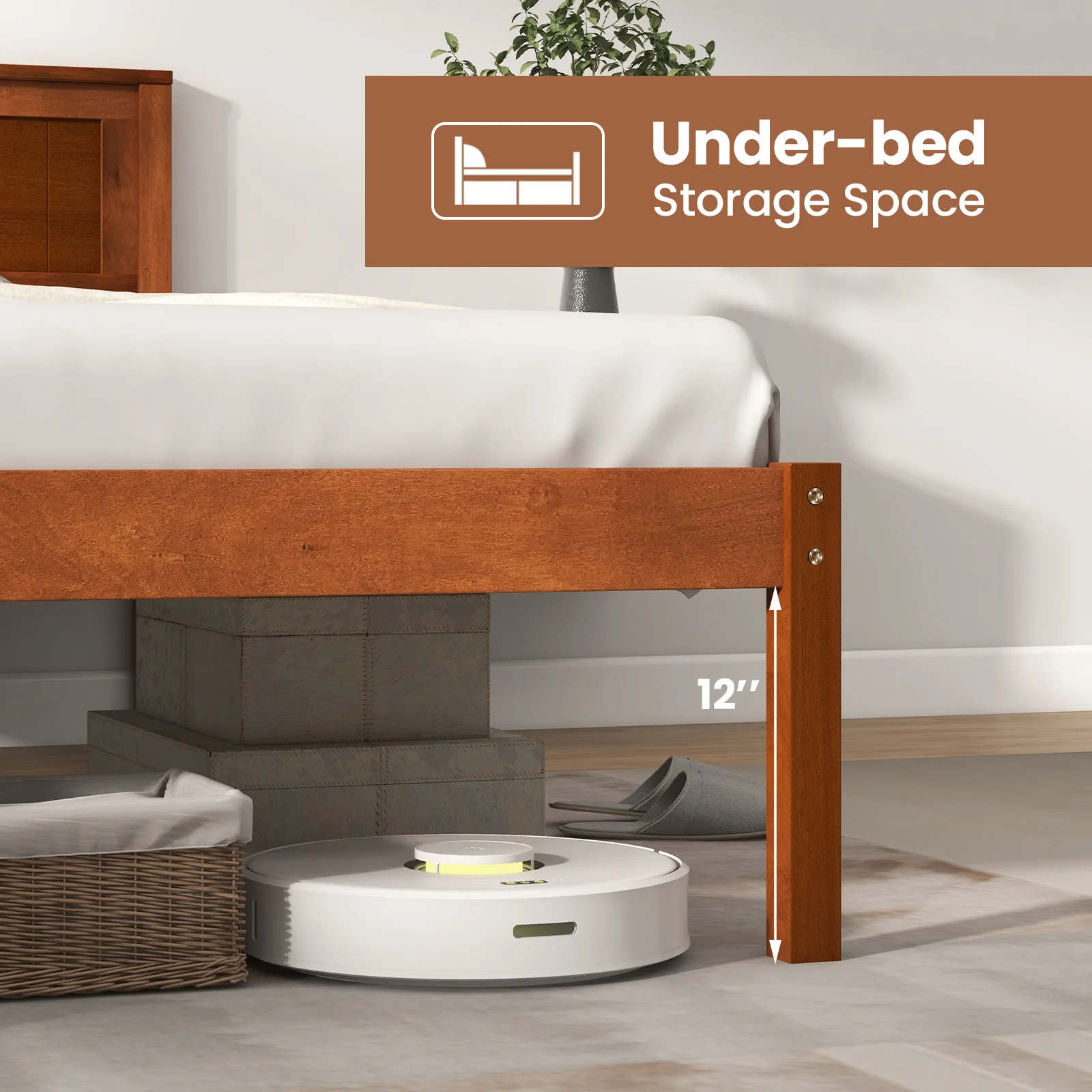 Twin Size Bed Frame With Wooden Headboard, Slat Support, Walnut - Image 6