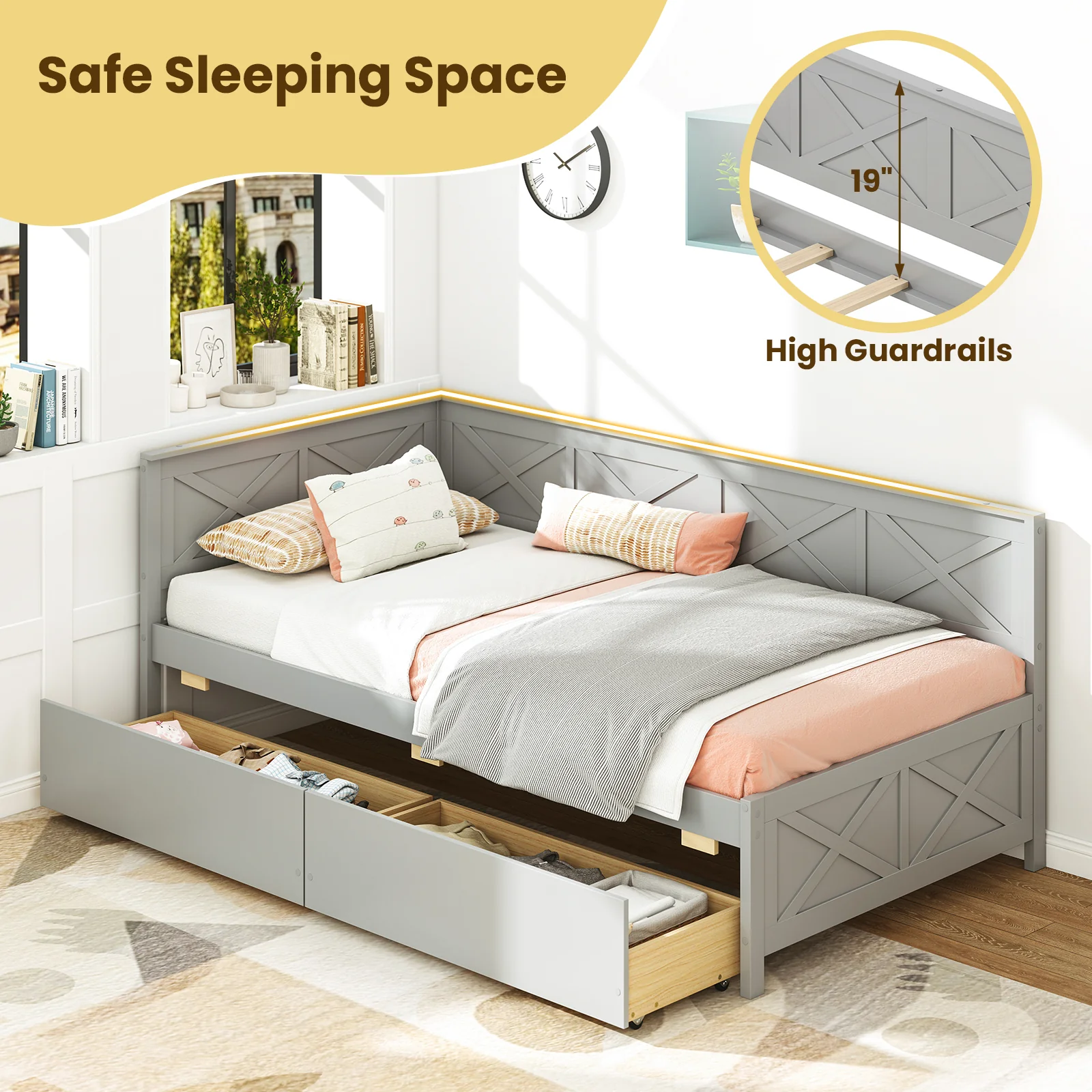 Twin Size Daybed With 2 Storage Drawers, Gray - Image 10