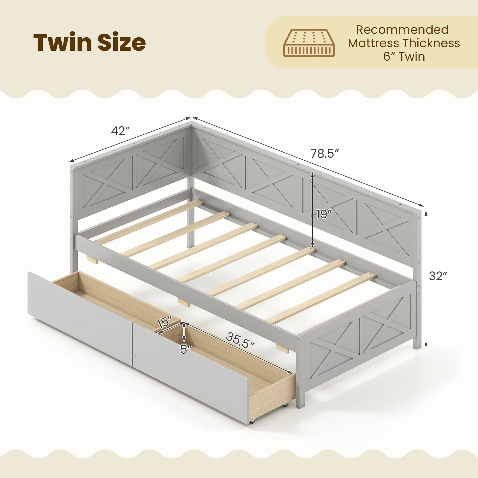 Twin Size Daybed With 2 Storage Drawers, Gray - Image 5