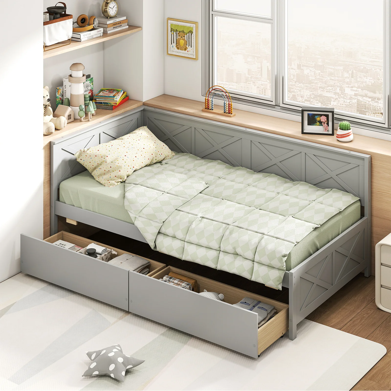 Twin Size Daybed With 2 Storage Drawers, Gray - Image 6