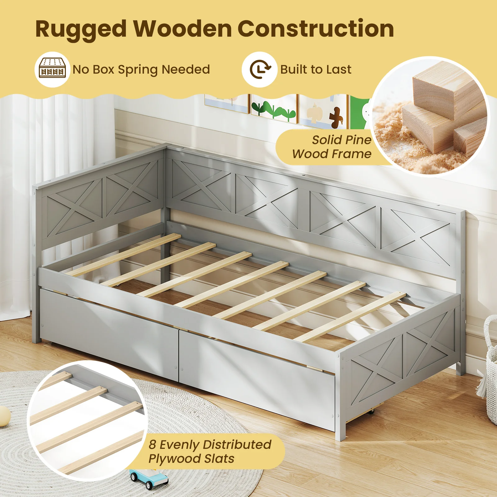 Twin Size Daybed With 2 Storage Drawers, Gray - Image 7