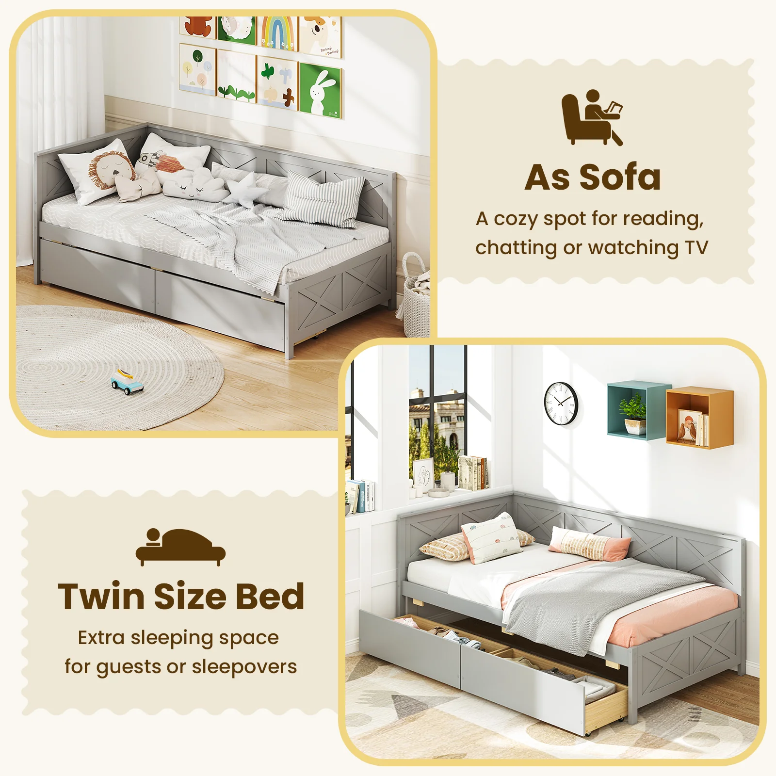 Twin Size Daybed With 2 Storage Drawers, Gray - Image 8