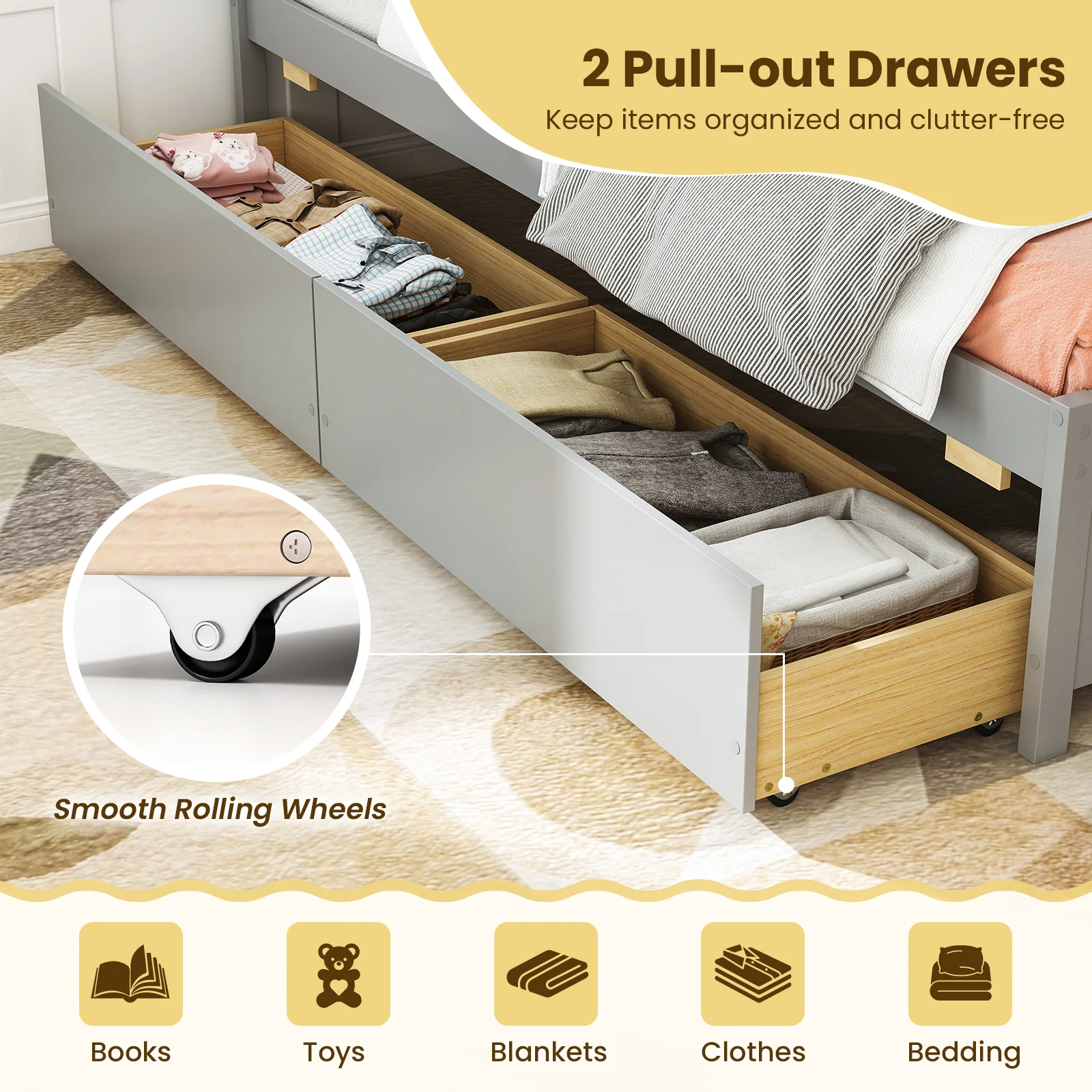 Twin Size Daybed With 2 Storage Drawers, Gray - Image 9
