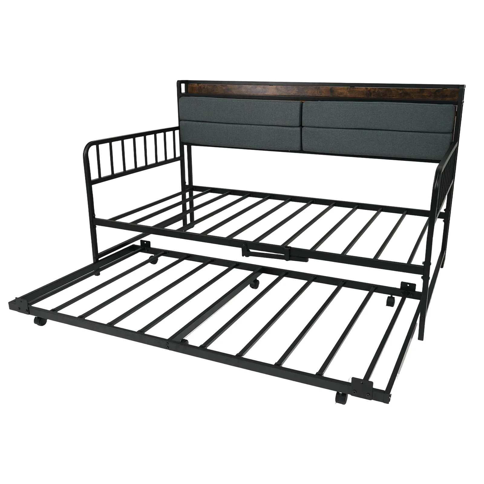 Twin Size Daybed With Trundle, Metal Frame, Headboard, Rustic Brown