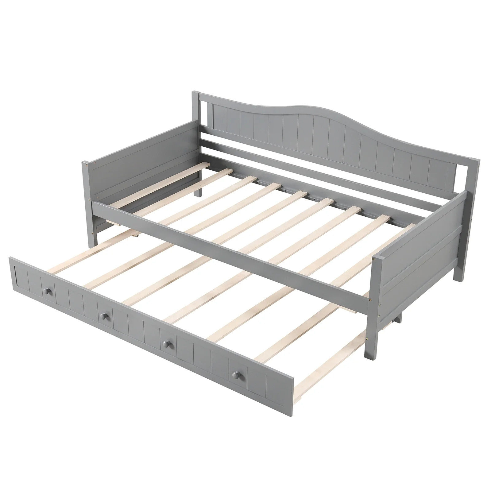 Twin Size Daybed With Trundle, Slats Support, Gray