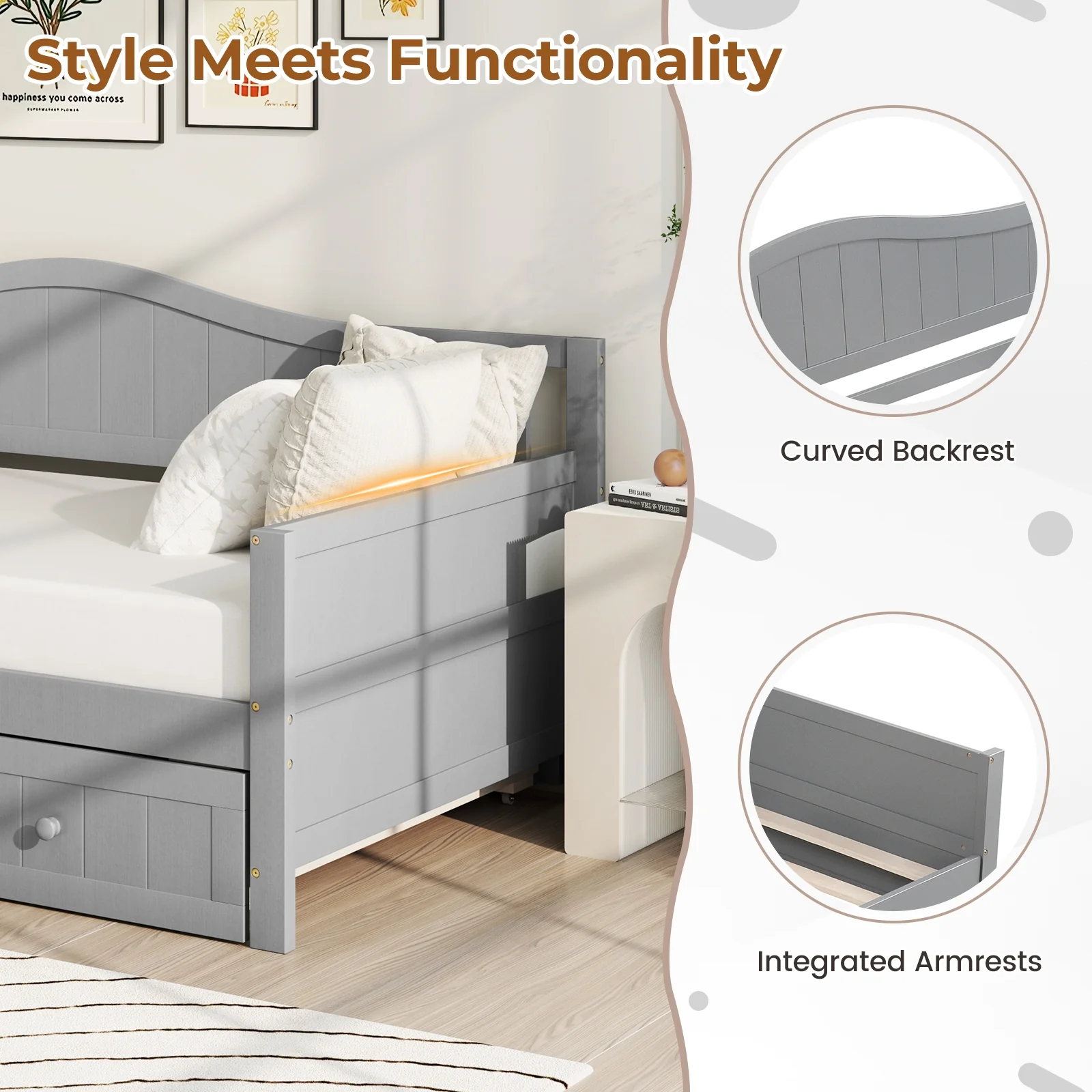 Twin Size Daybed With Trundle, Slats Support, Gray - Image 10
