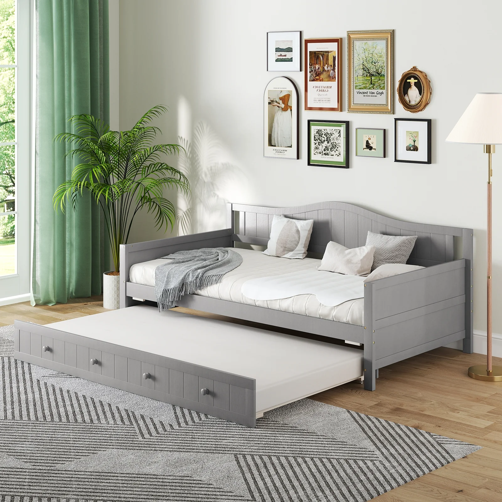 Twin Size Daybed With Trundle, Slats Support, Gray - Image 2