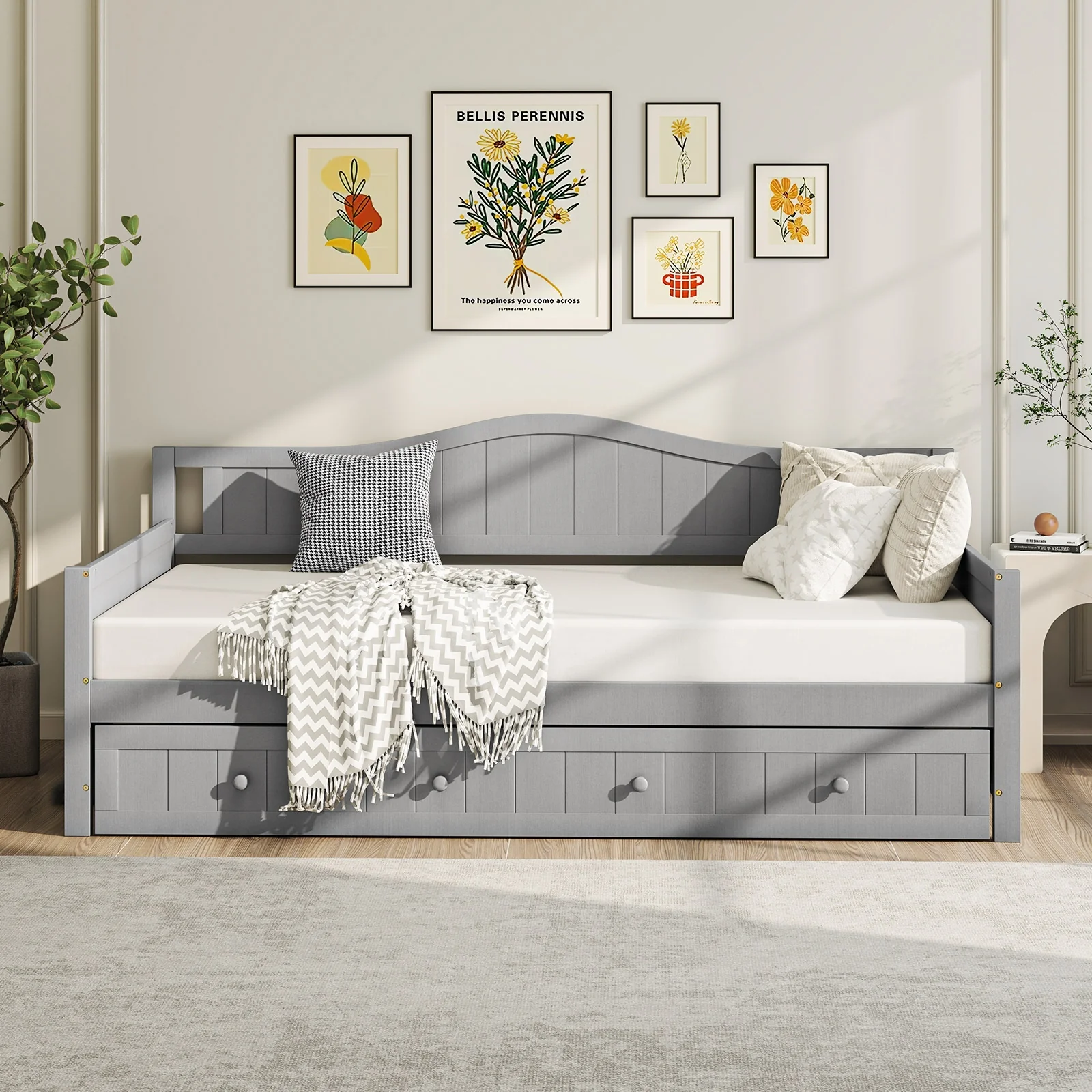 Twin Size Daybed With Trundle, Slats Support, Gray - Image 3