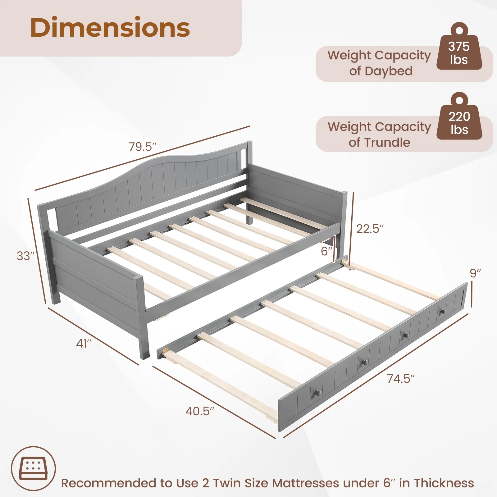 Twin Size Daybed With Trundle, Slats Support, Gray - Image 5