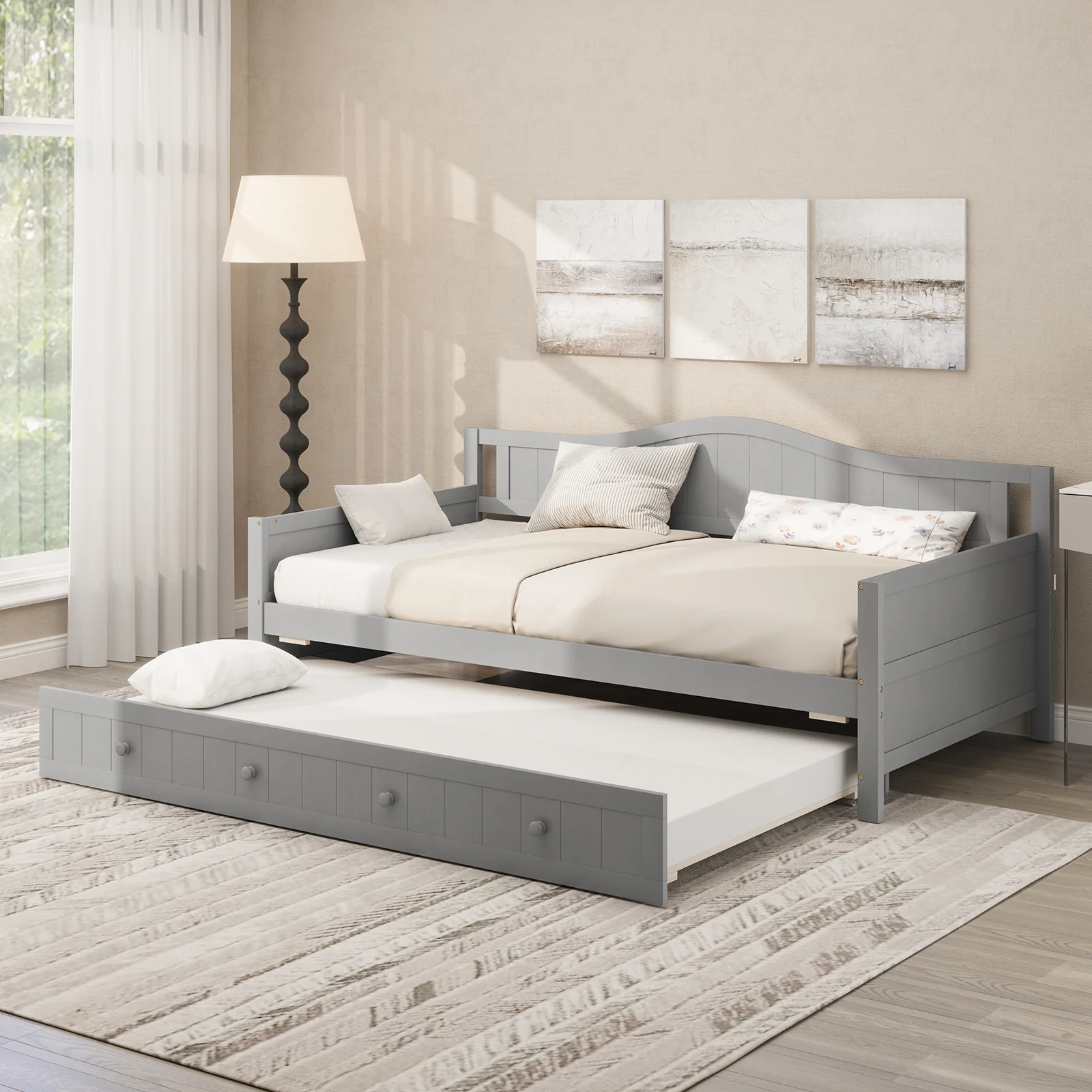 Twin Size Daybed With Trundle, Slats Support, Gray - Image 6