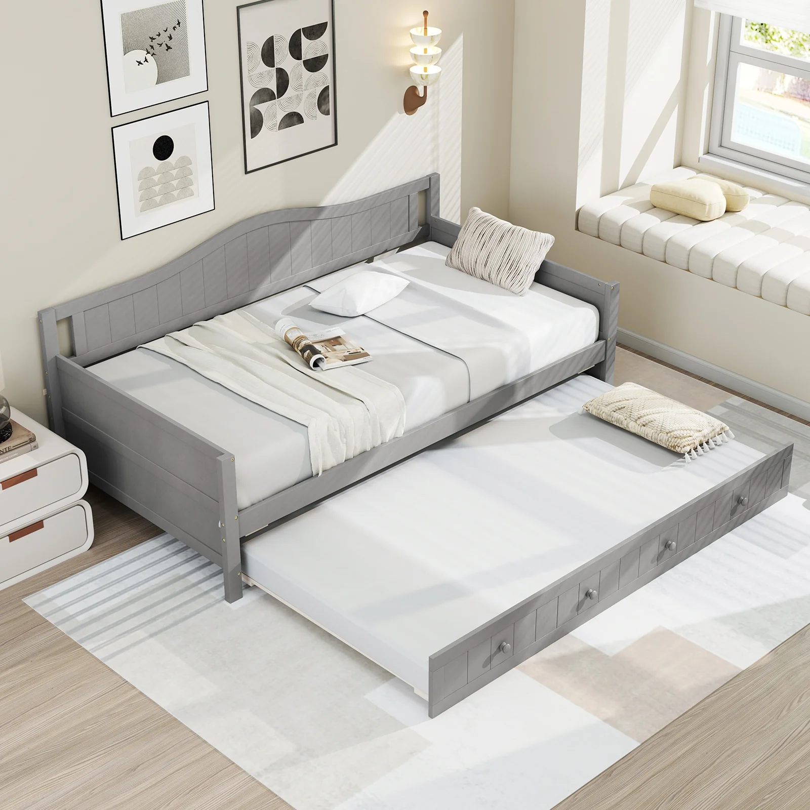 Twin Size Daybed With Trundle, Slats Support, Gray - Image 7