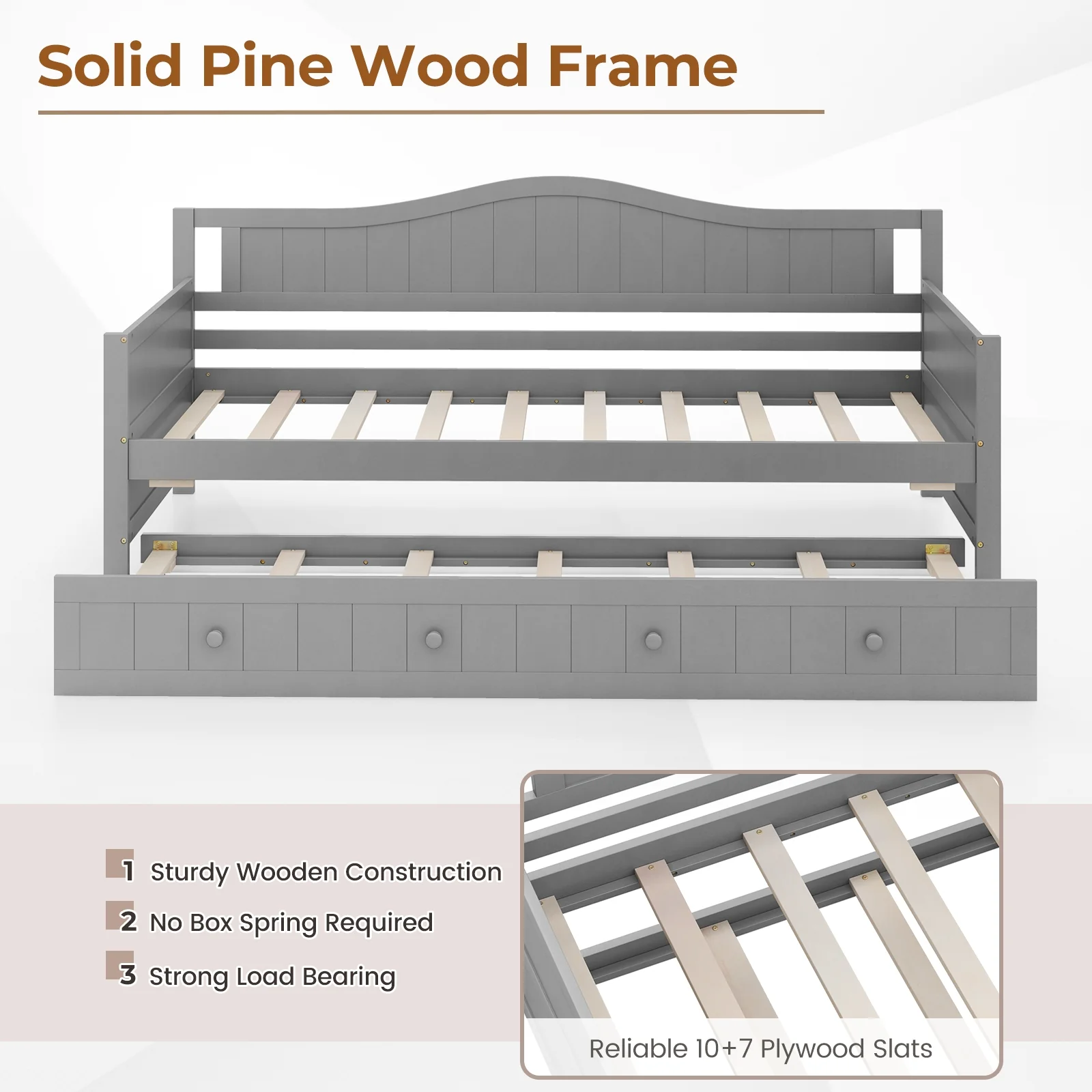 Twin Size Daybed With Trundle, Slats Support, Gray - Image 8