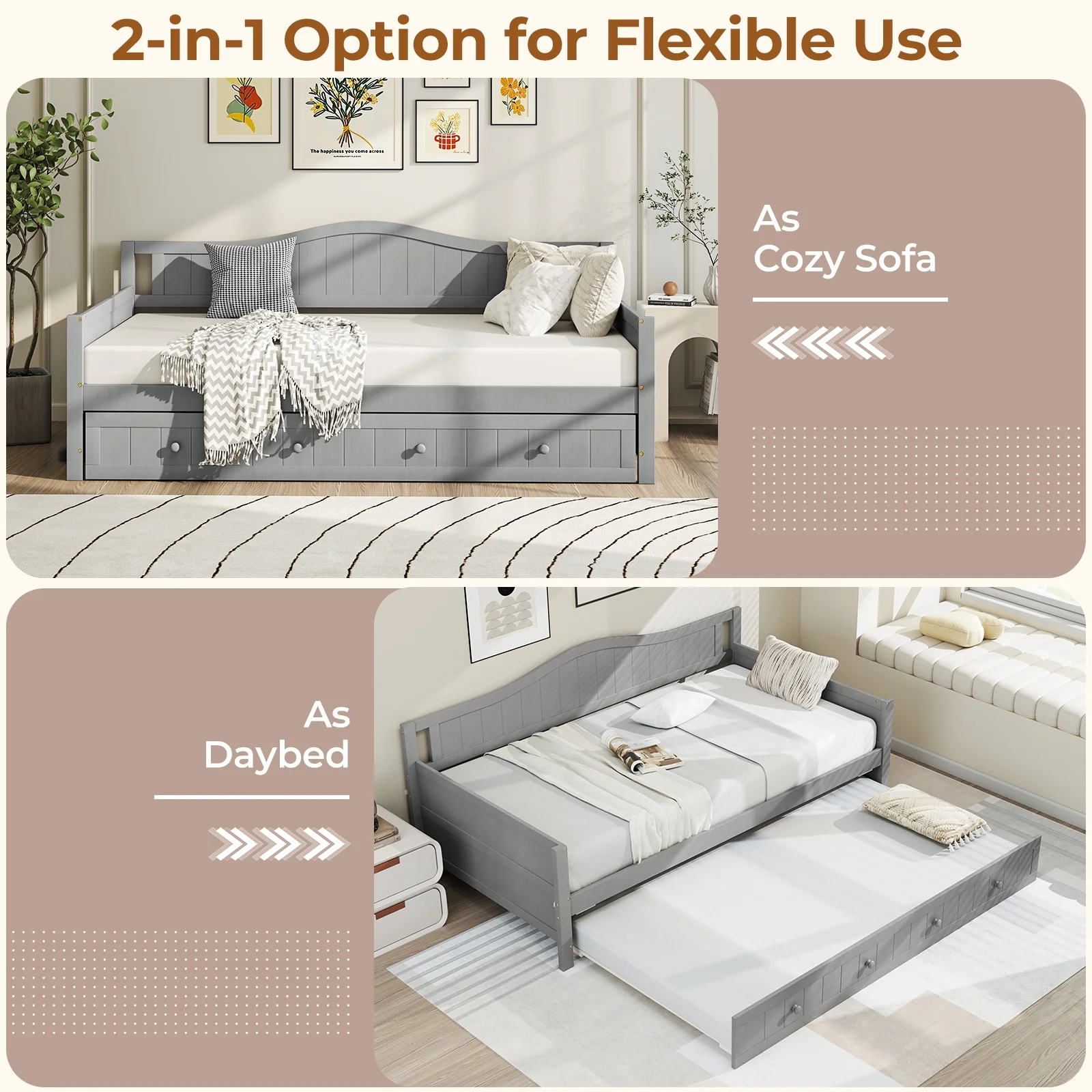 Twin Size Daybed With Trundle, Slats Support, Gray - Image 9