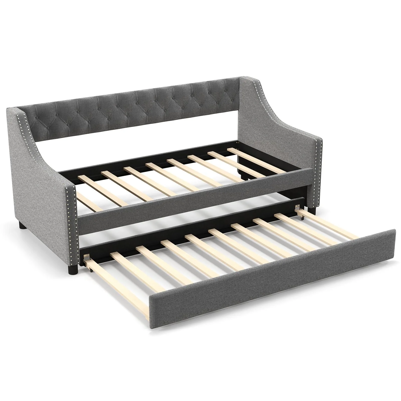 Twin Size Daybed With Trundle Sofa Bed, Curved Armrests, Gray