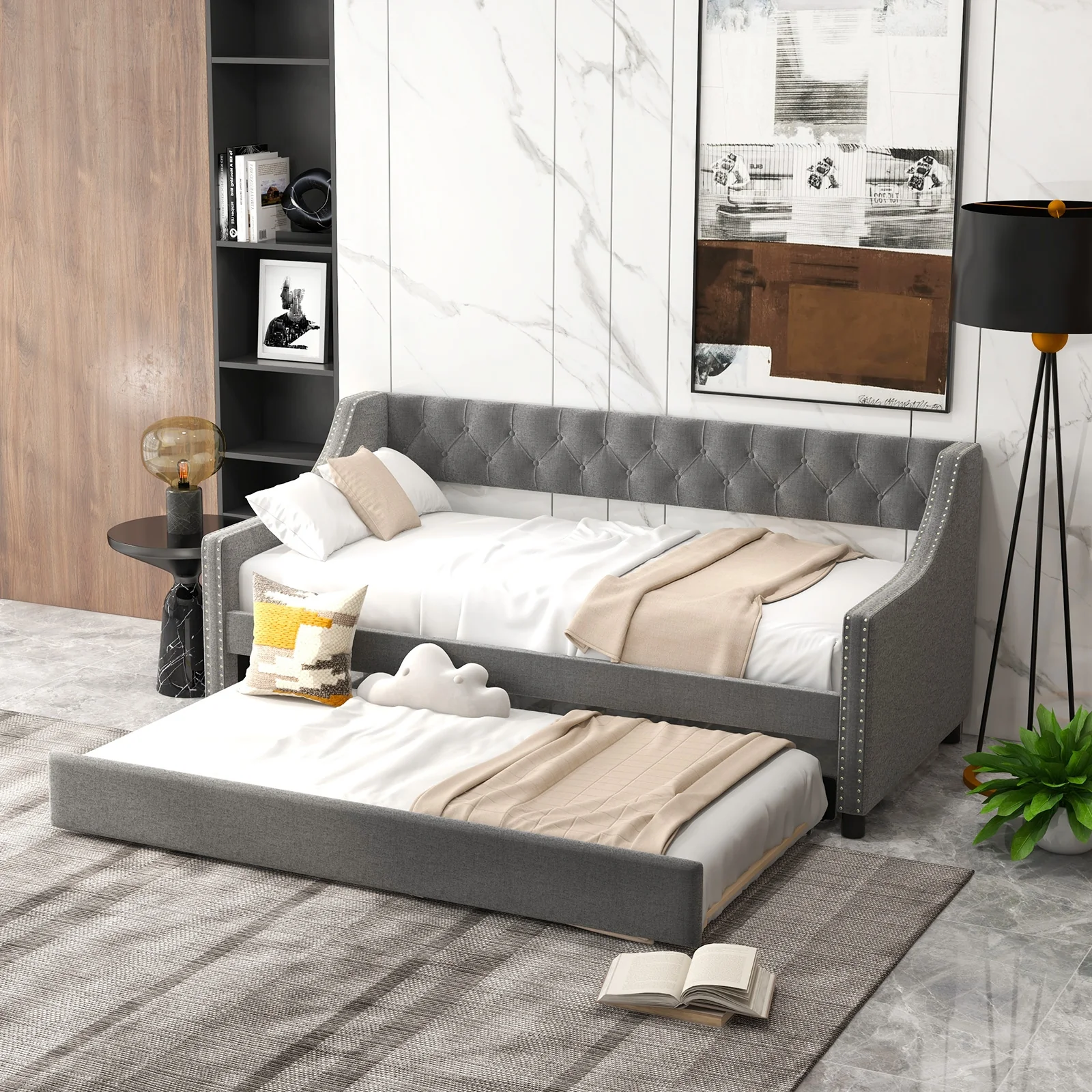 Twin Size Daybed With Trundle Sofa Bed, Curved Armrests, Gray - Image 3