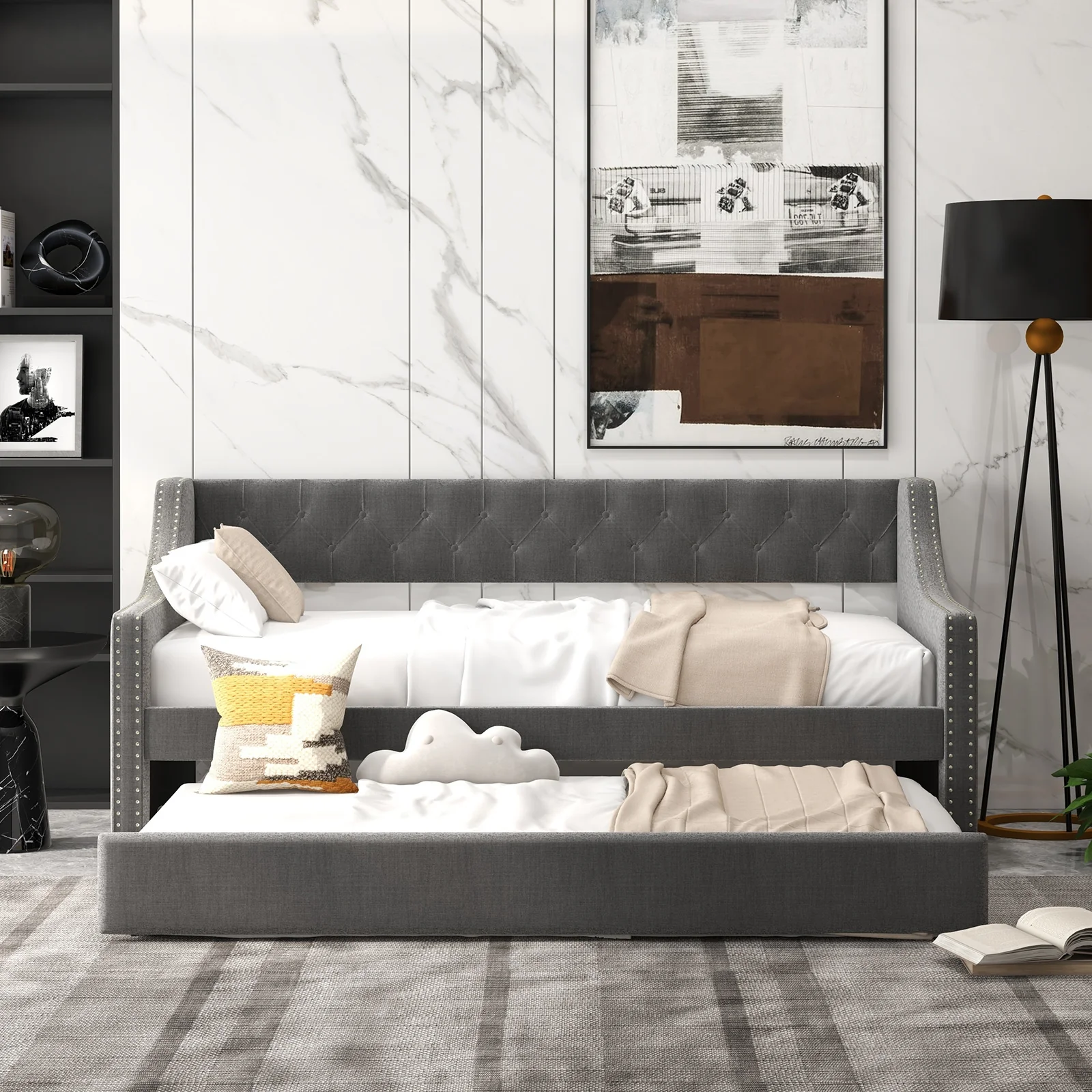 Twin Size Daybed With Trundle Sofa Bed, Curved Armrests, Gray - Image 6