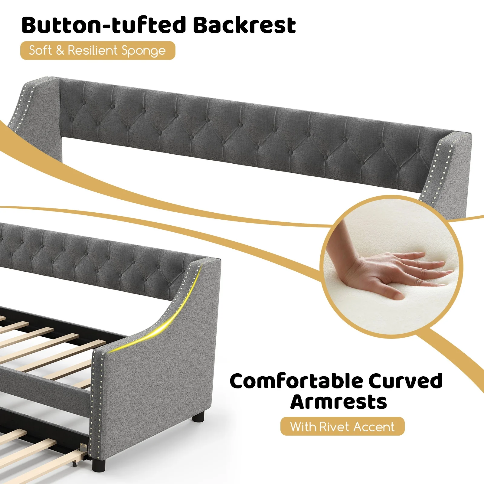 Twin Size Daybed With Trundle Sofa Bed, Curved Armrests, Gray - Image 8