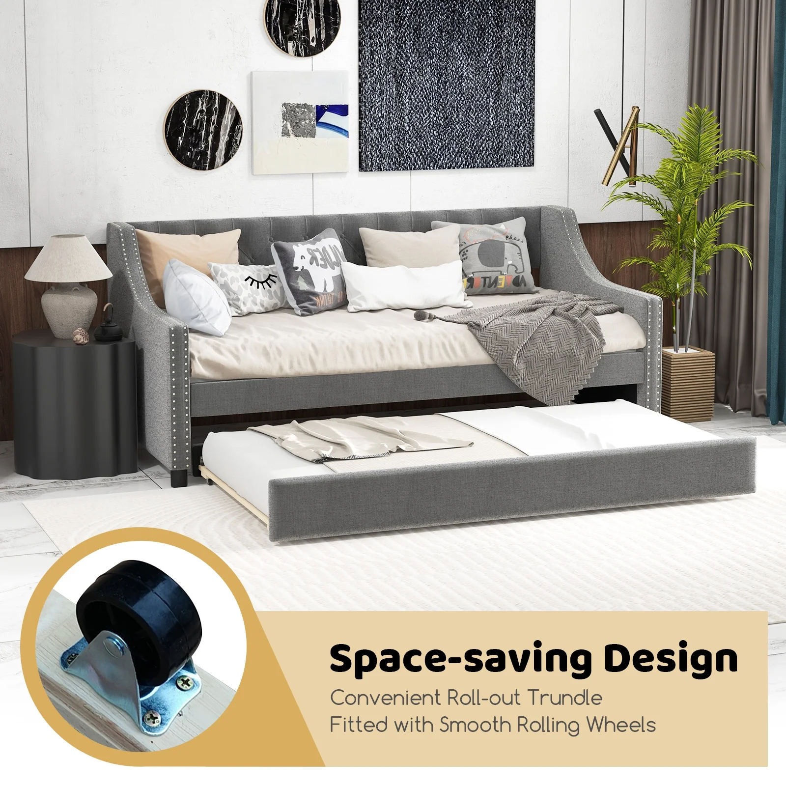 Twin Size Daybed With Trundle Sofa Bed, Curved Armrests, Gray - Image 9