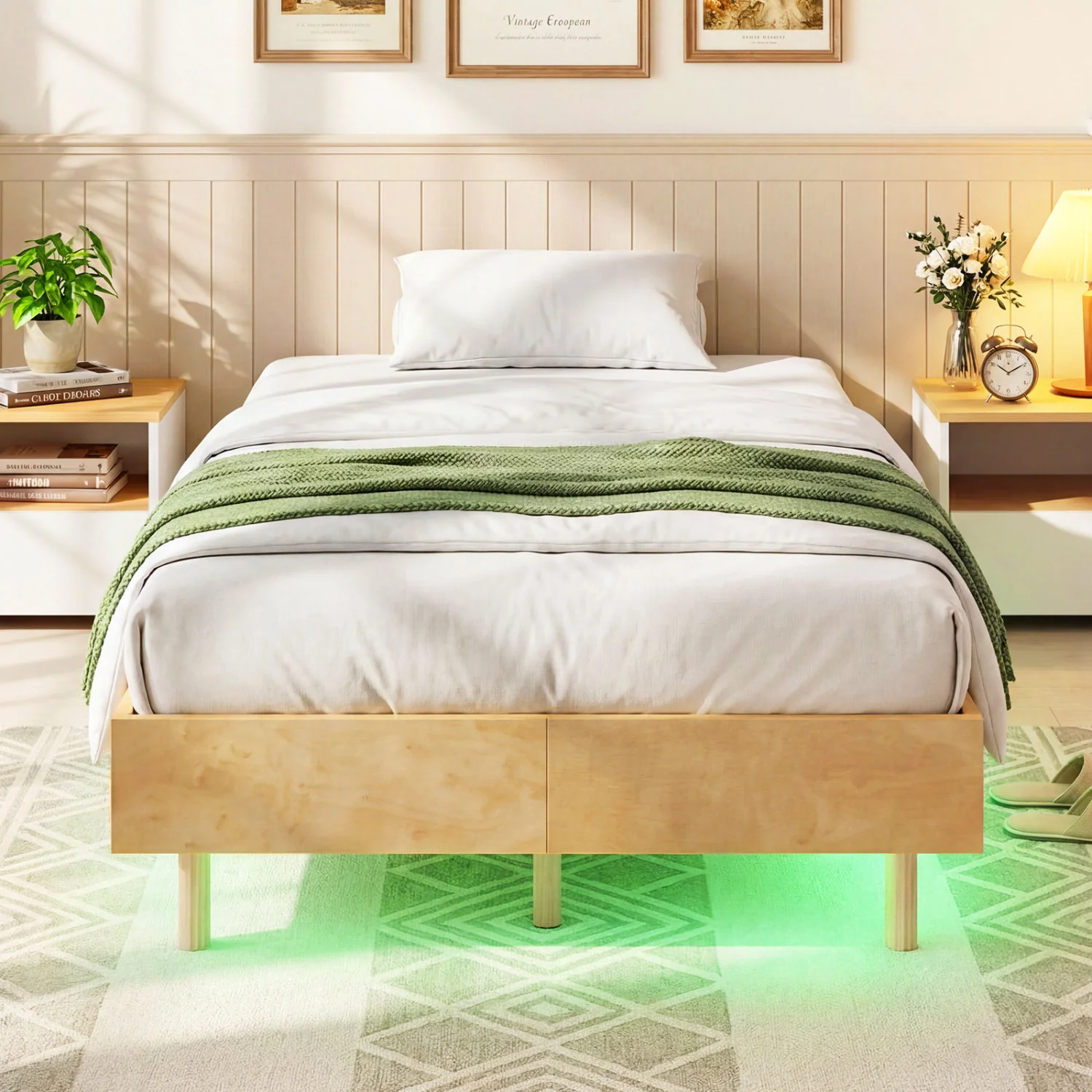 Twin Size Floating Bed Frame With LED Lights, Natural - Image 3