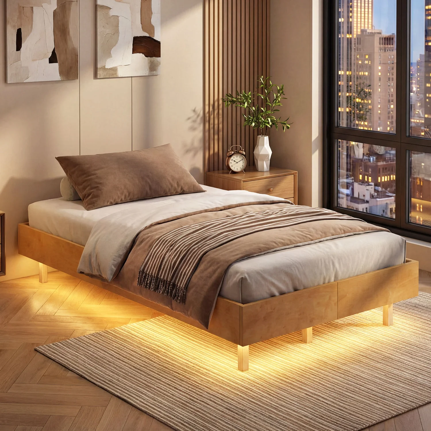 Twin Size Floating Bed Frame With LED Lights, Natural - Image 5