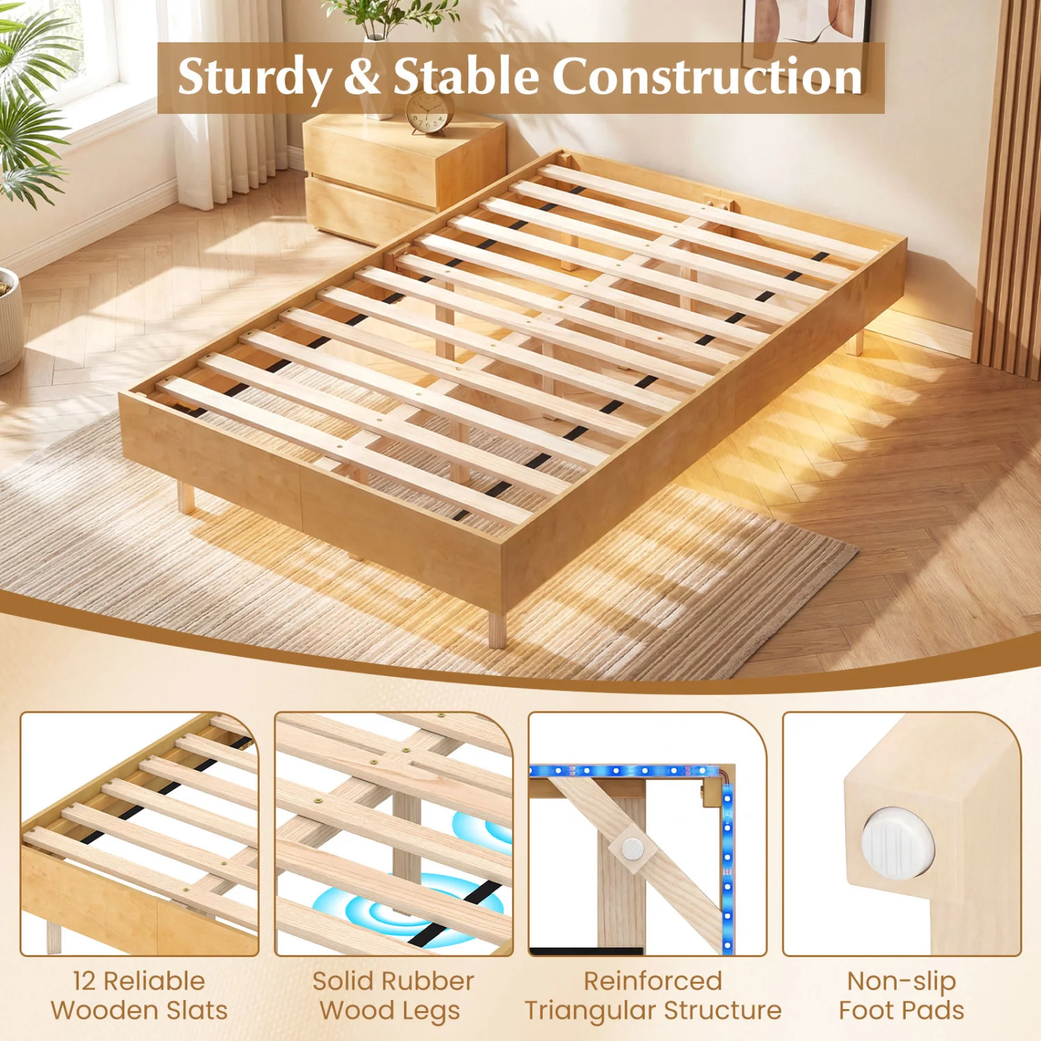 Twin Size Floating Bed Frame With LED Lights, Natural - Image 8