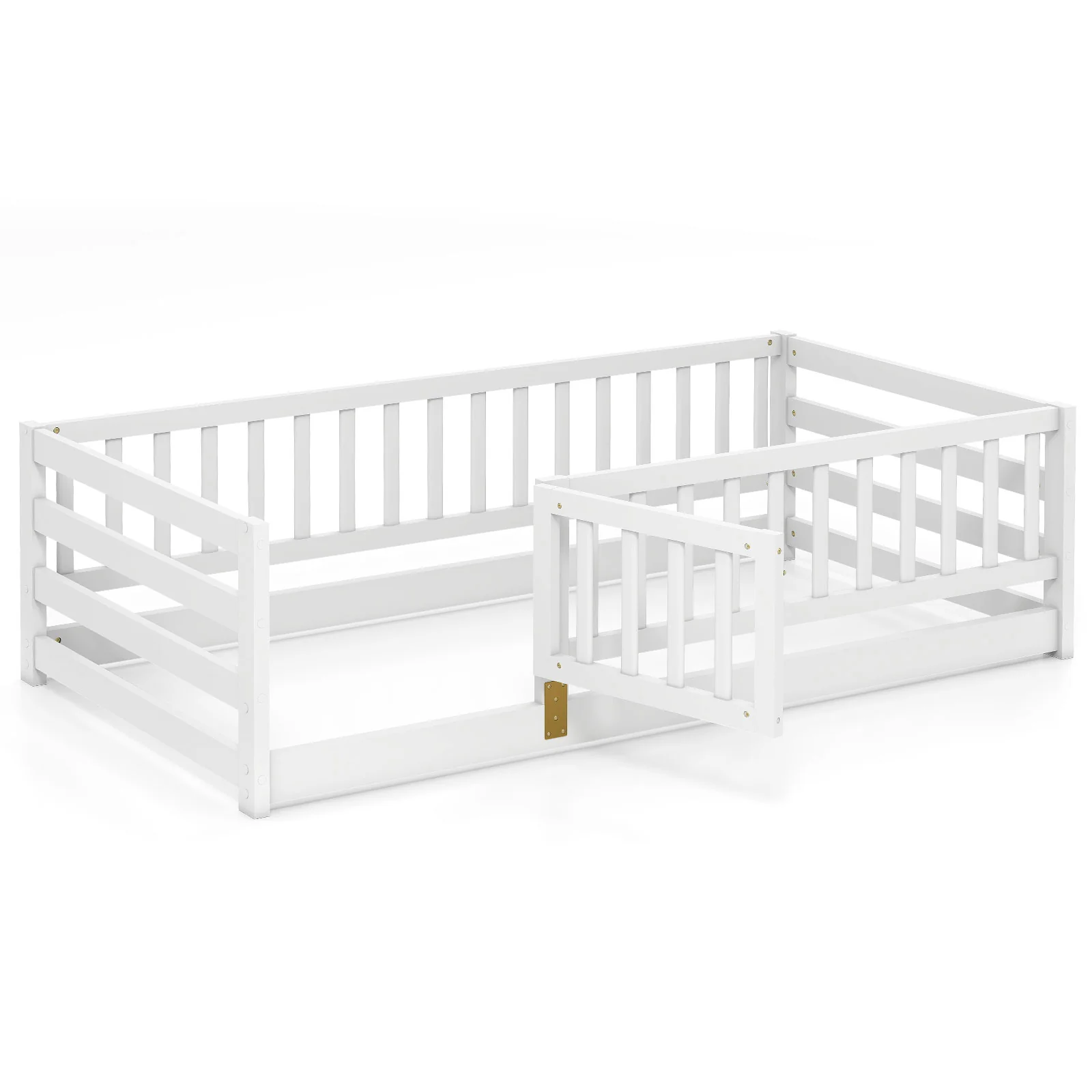Twin Size Floor Bed With High Fence, Door Playhouse For Kids, White
