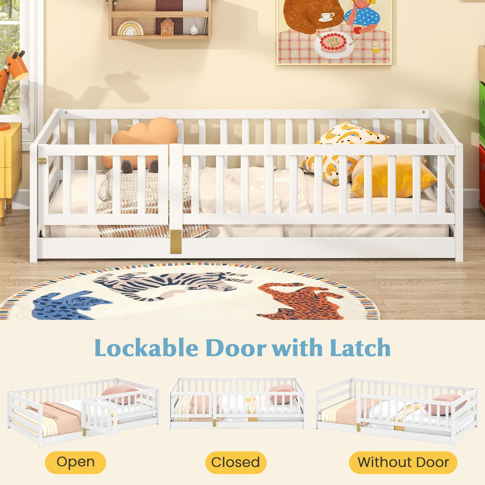 Twin Size Floor Bed With High Fence, Door Playhouse For Kids, White - Image 10