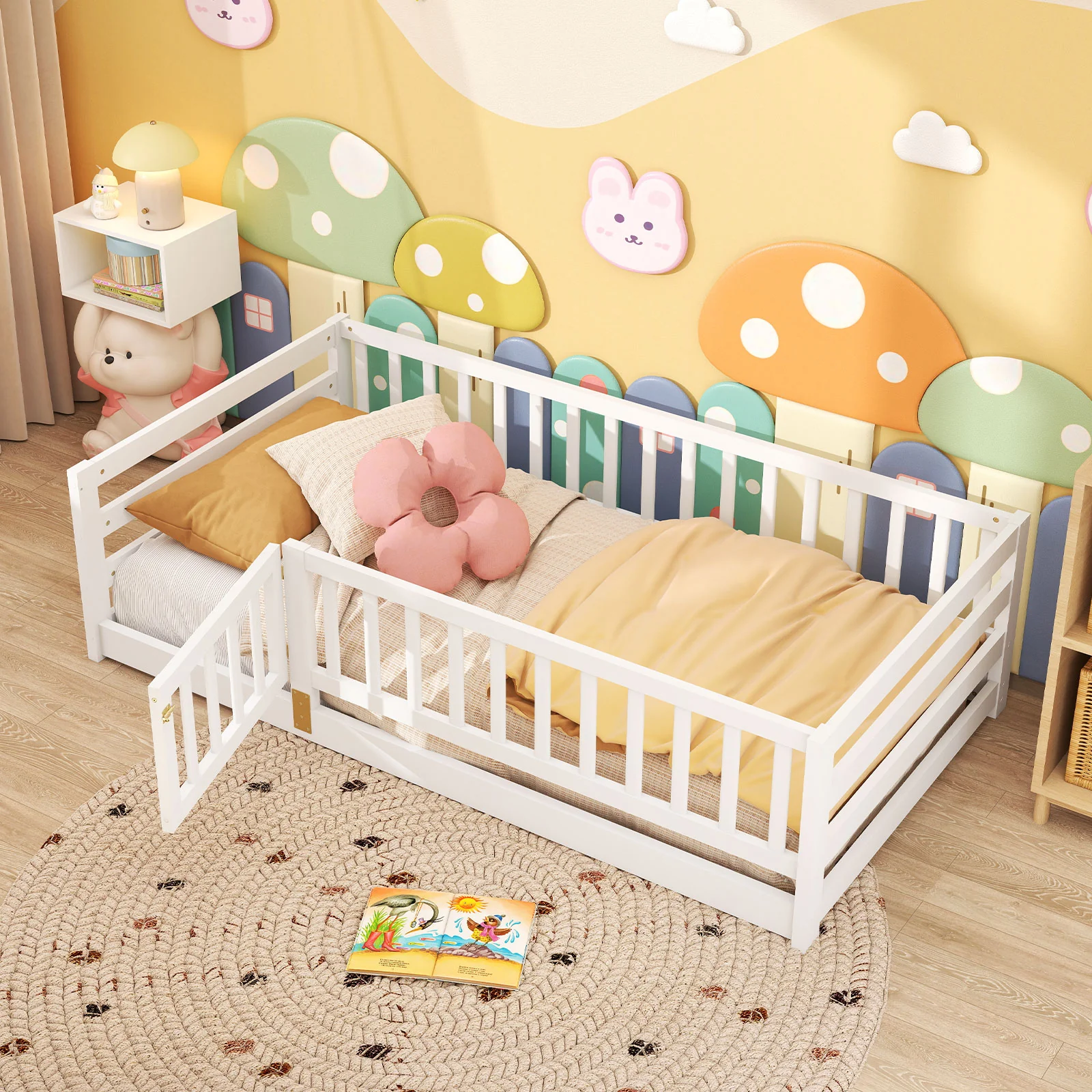 Twin Size Floor Bed With High Fence, Door Playhouse For Kids, White - Image 2
