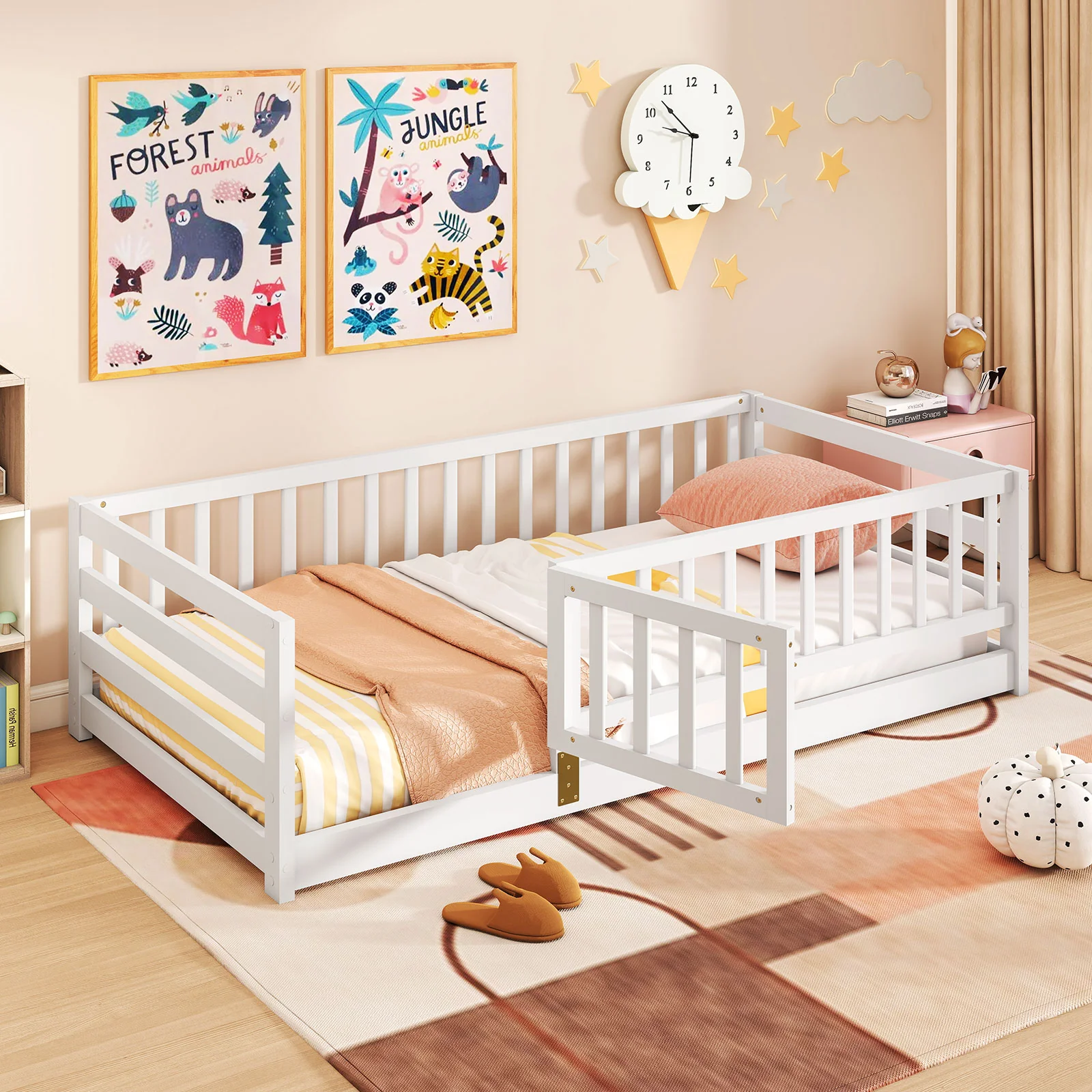 Twin Size Floor Bed With High Fence, Door Playhouse For Kids, White - Image 3