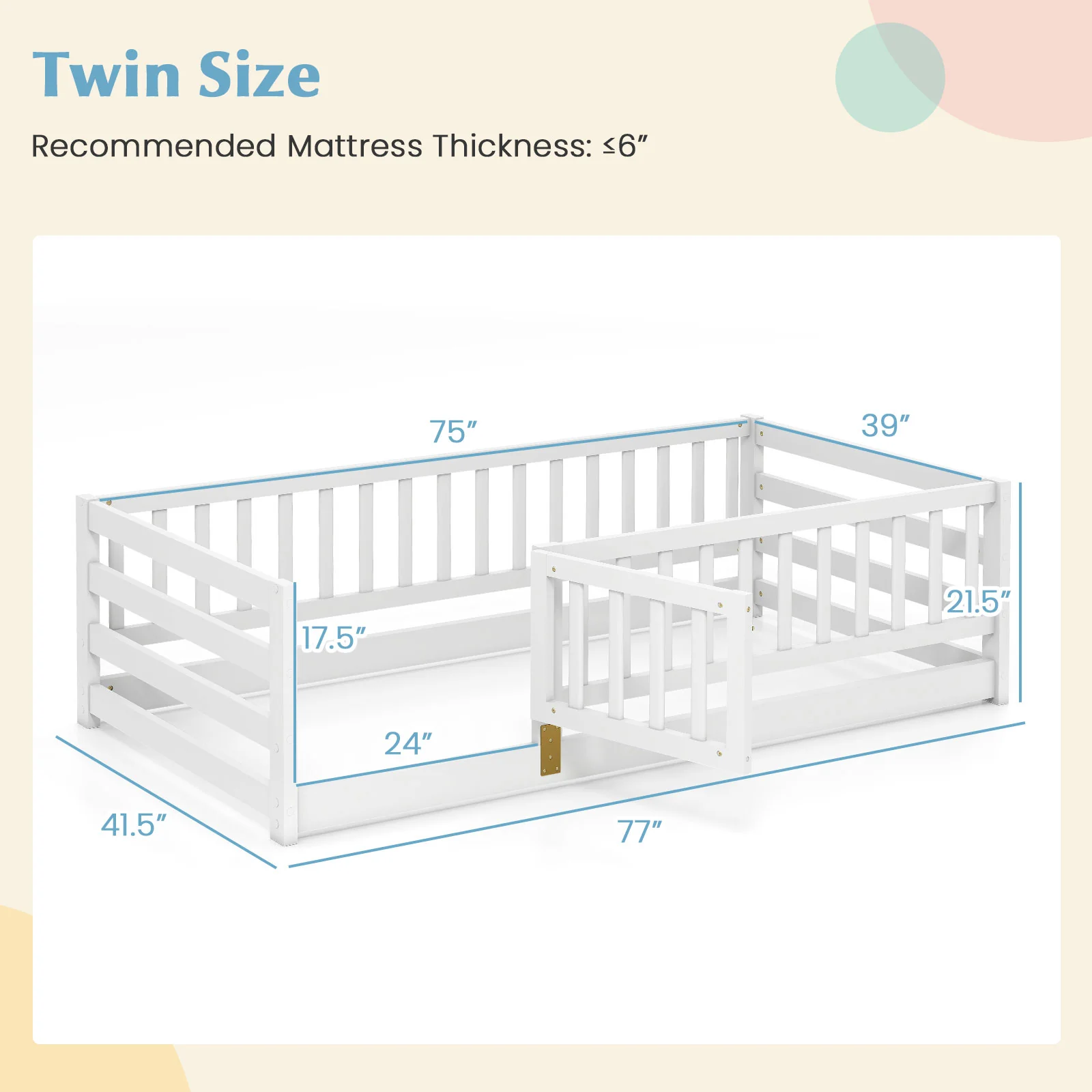 Twin Size Floor Bed With High Fence, Door Playhouse For Kids, White - Image 5