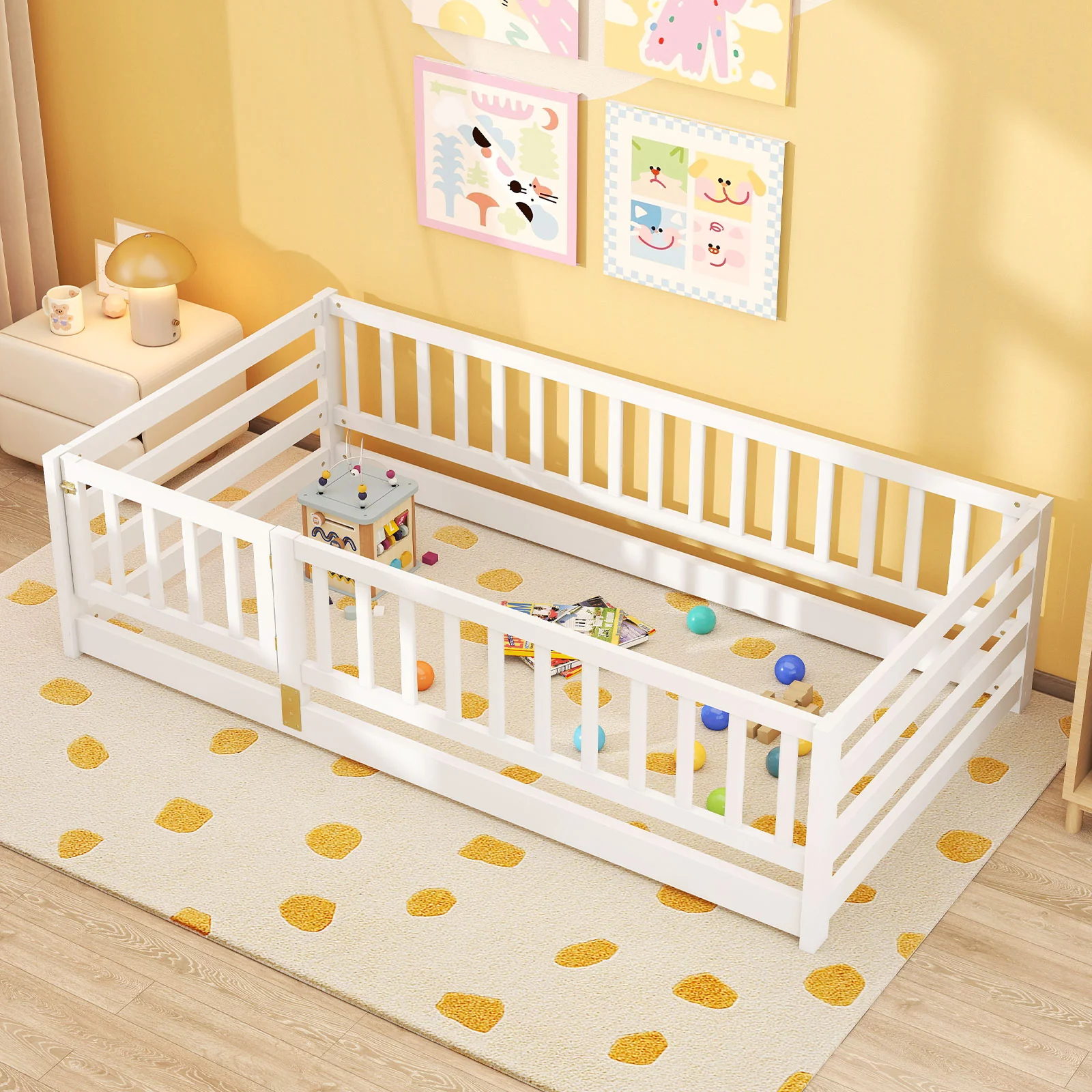 Twin Size Floor Bed With High Fence, Door Playhouse For Kids, White - Image 6