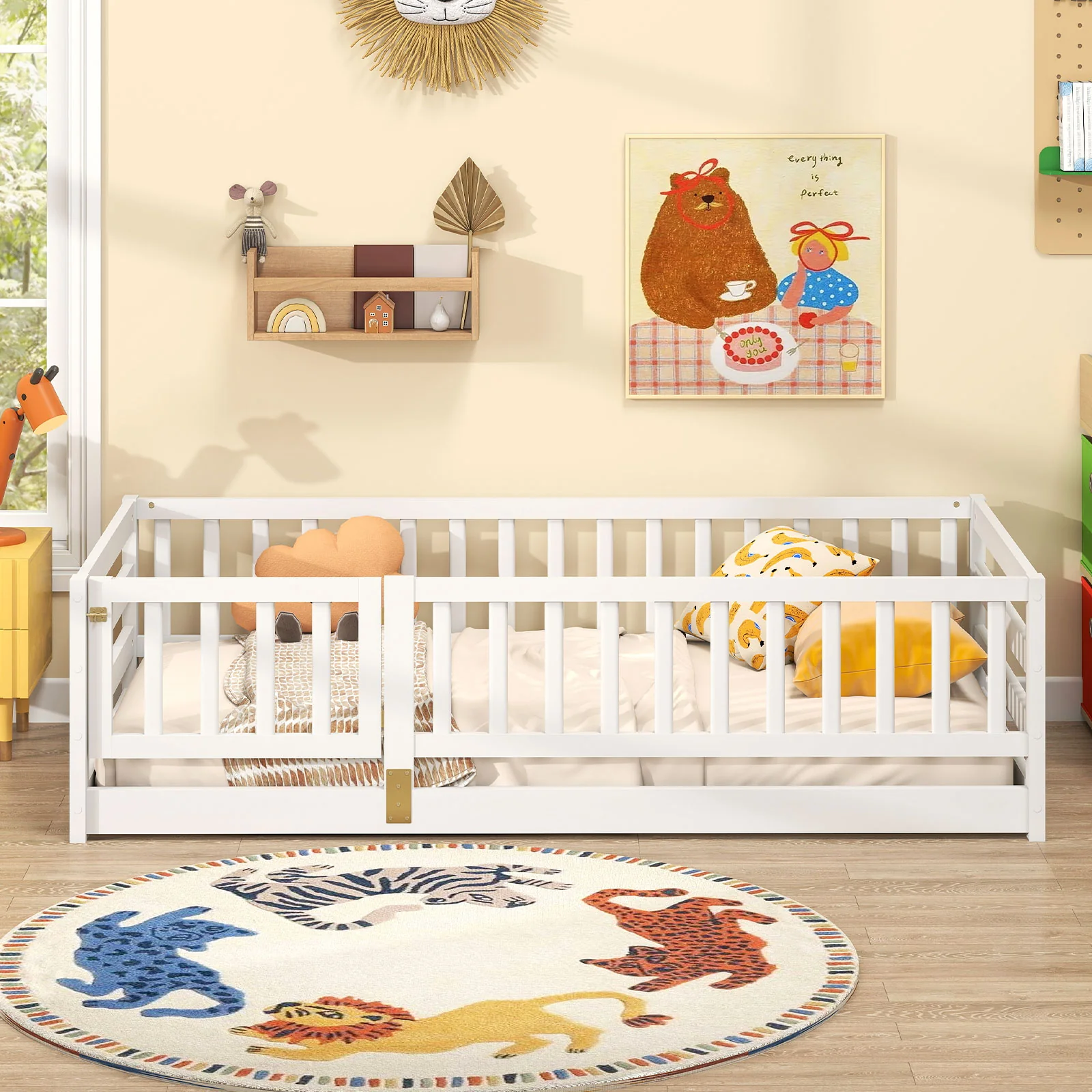 Twin Size Floor Bed With High Fence, Door Playhouse For Kids, White - Image 7