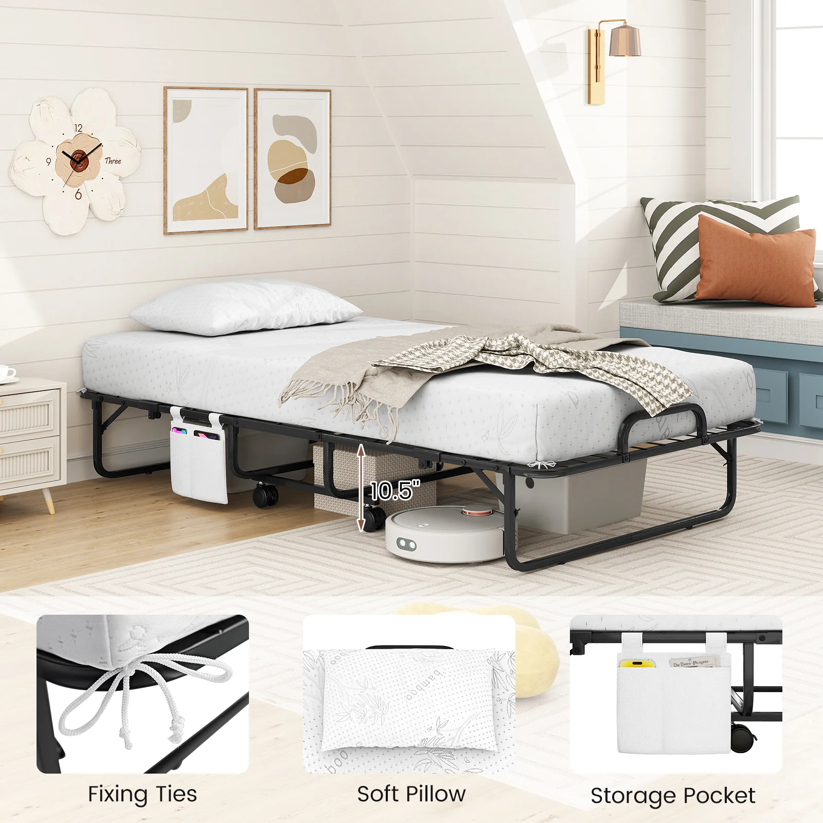 Twin Size Folding Bed, 5 Inch Mattress, White - Image 10
