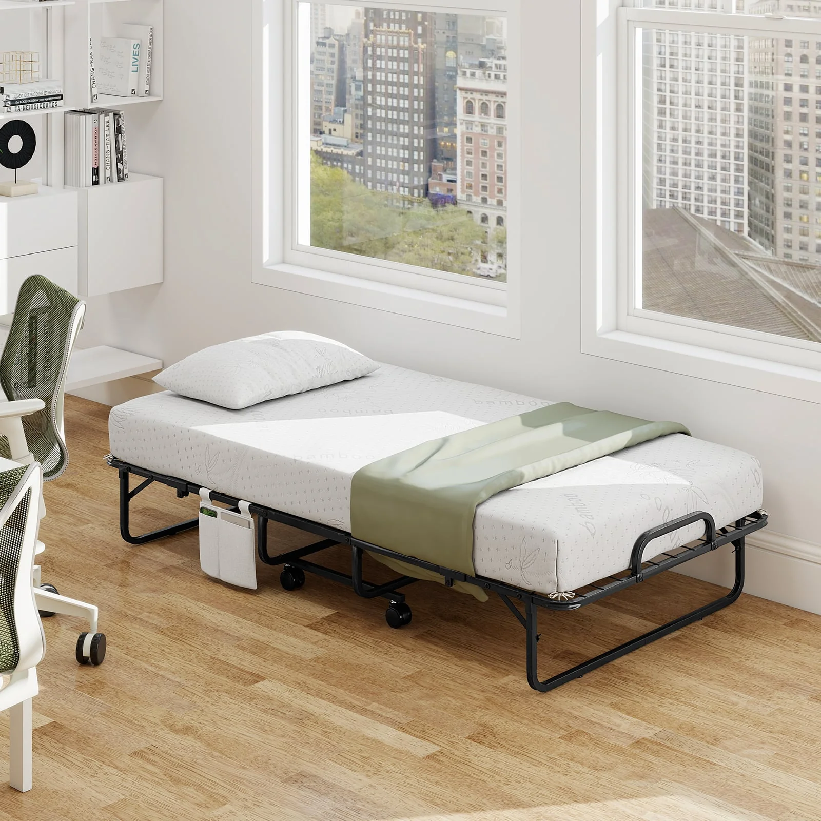 Twin Size Folding Bed, 5 Inch Mattress, White - Image 2