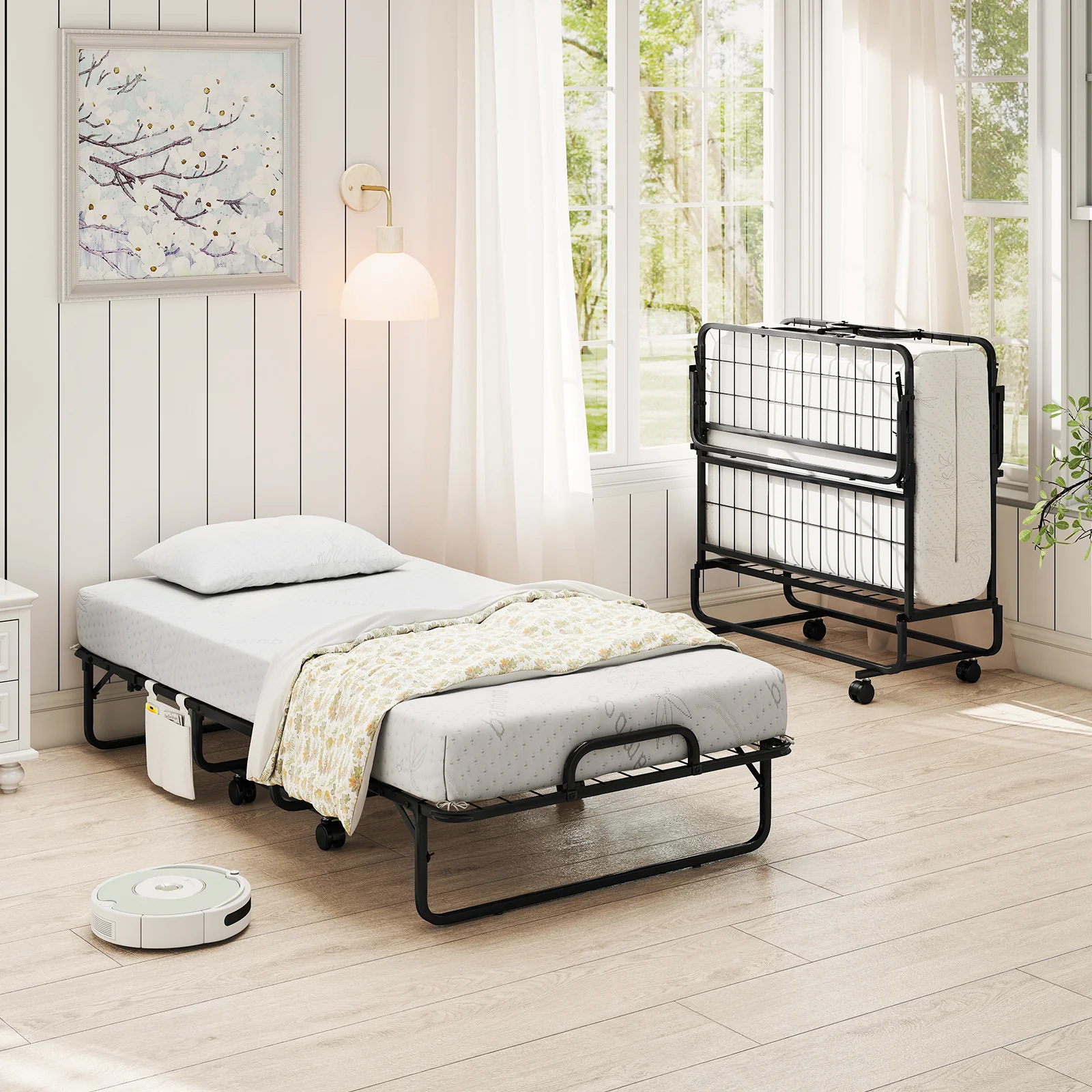 Twin Size Folding Bed, 5 Inch Mattress, White - Image 3