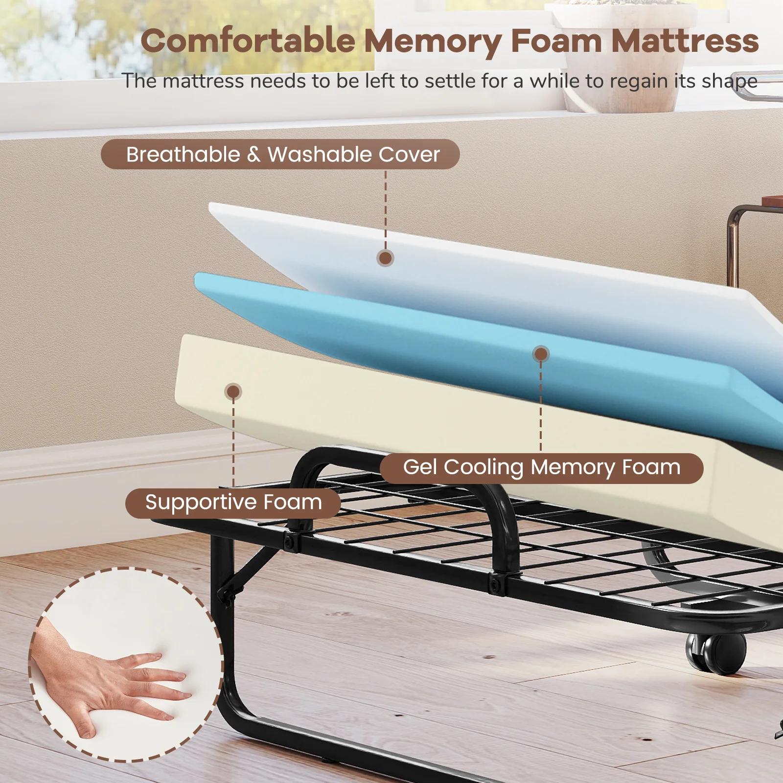 Twin Size Folding Bed, 5 Inch Mattress, White - Image 6