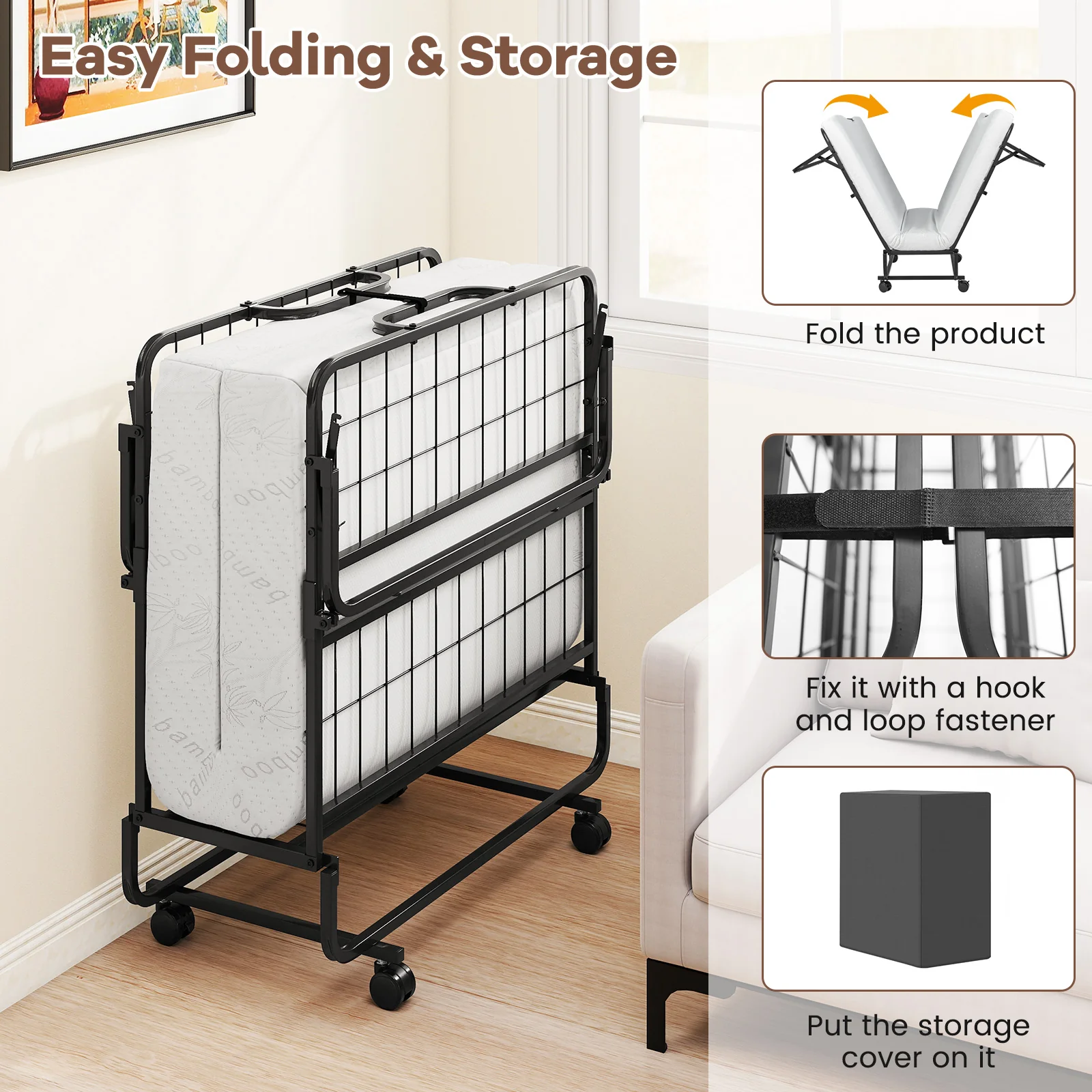 Twin Size Folding Bed, 5 Inch Mattress, White - Image 7