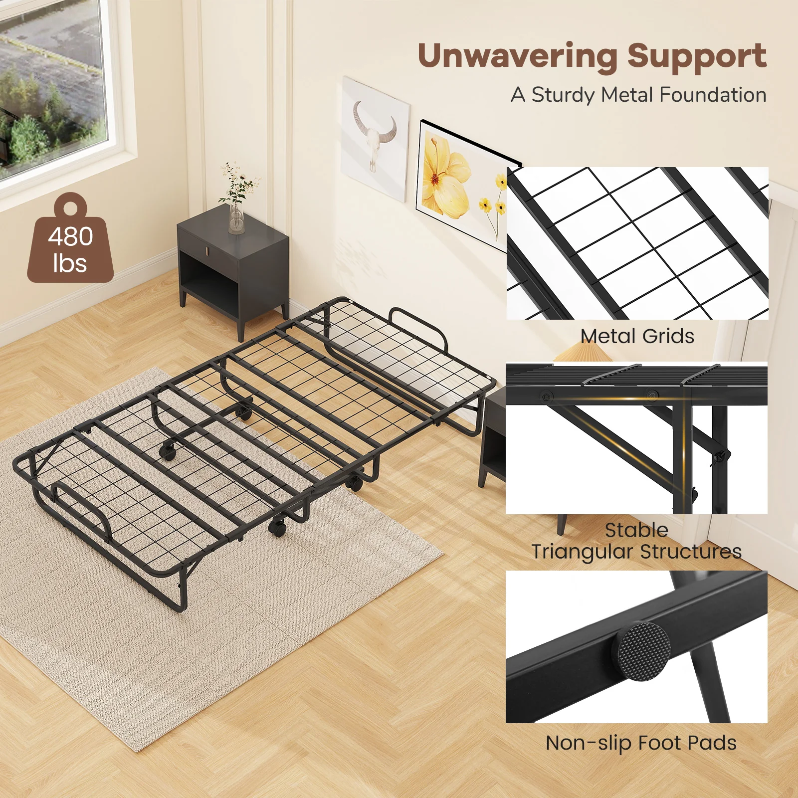 Twin Size Folding Bed, 5 Inch Mattress, White - Image 9