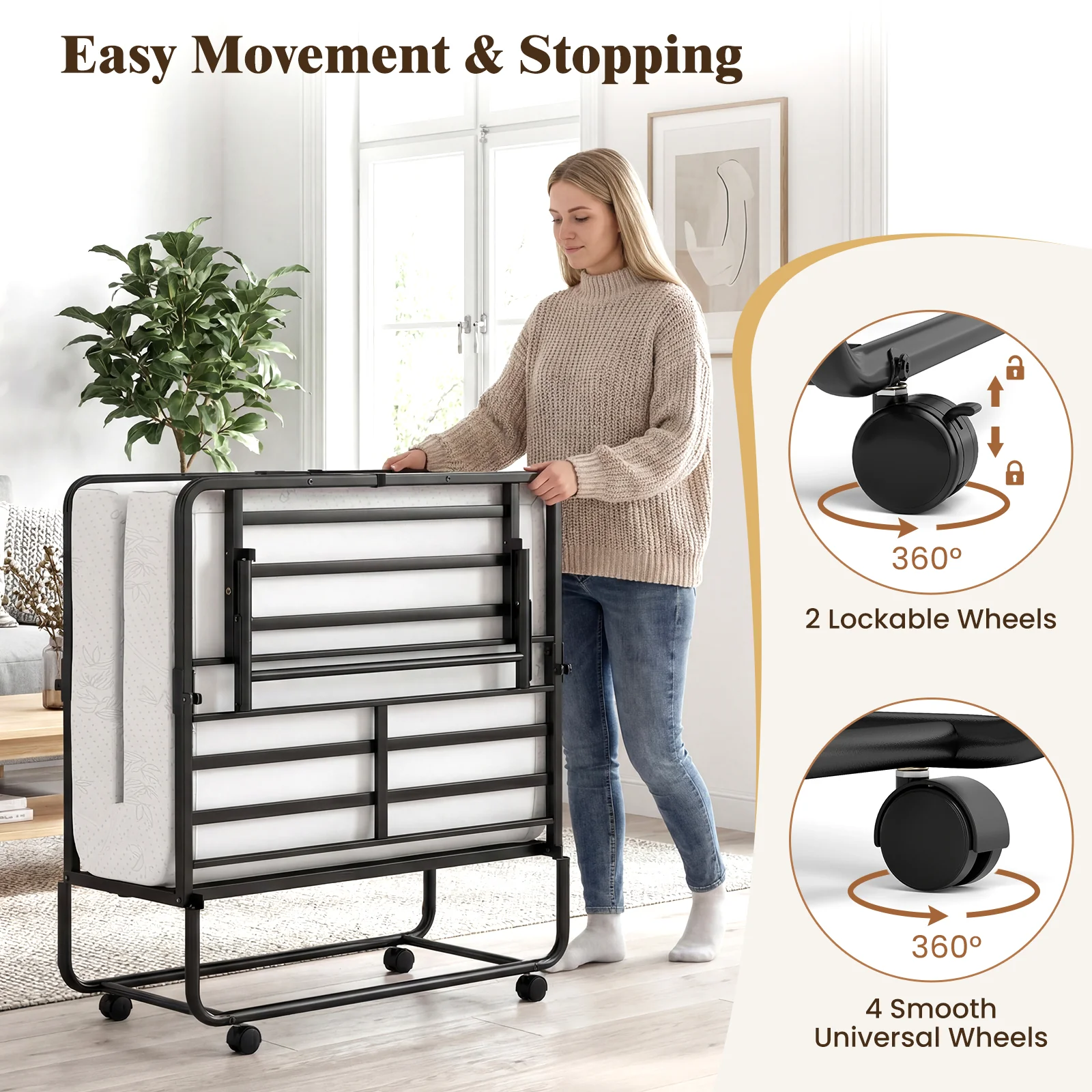 Twin Size Folding Bed with 5-Inch Mattress Rollaway Guest Bed with Memory Foam Mattress - Image 10