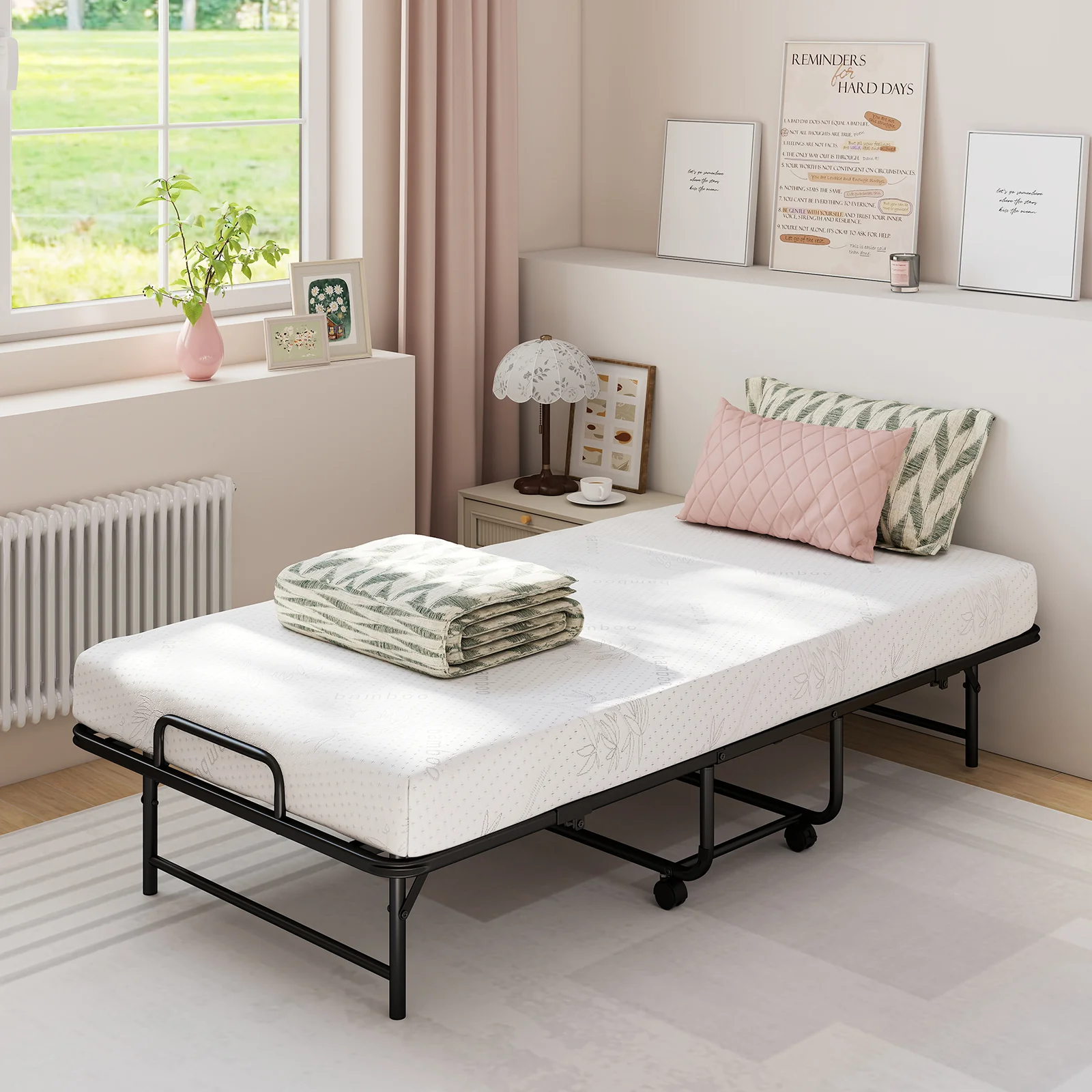 Twin Size Folding Bed with 5-Inch Mattress Rollaway Guest Bed with Memory Foam Mattress - Image 3