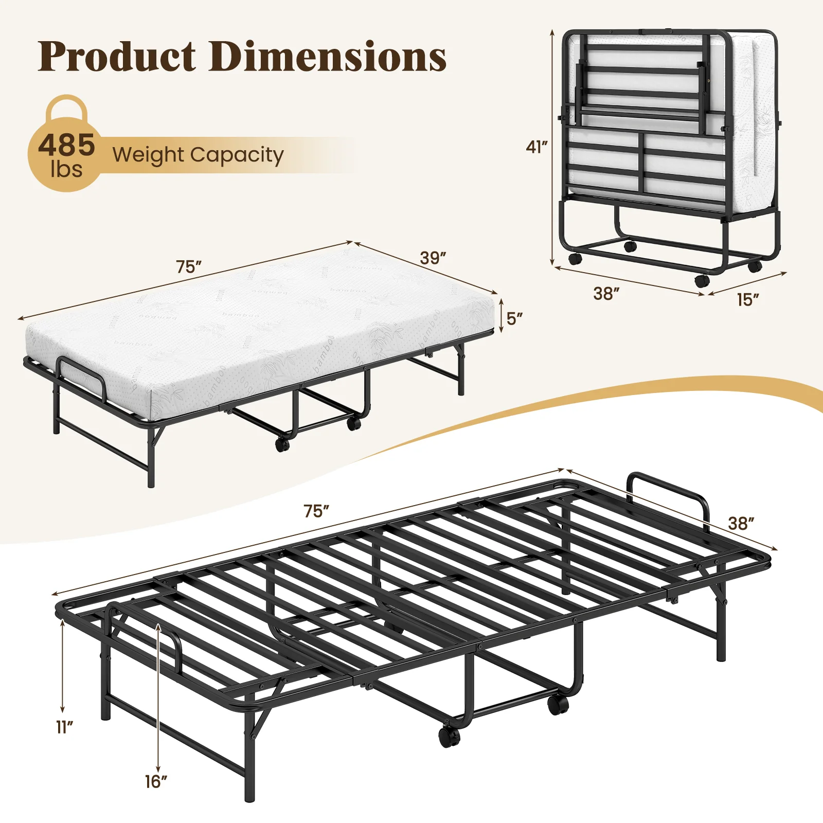 Twin Size Folding Bed with 5-Inch Mattress Rollaway Guest Bed with Memory Foam Mattress - Image 5