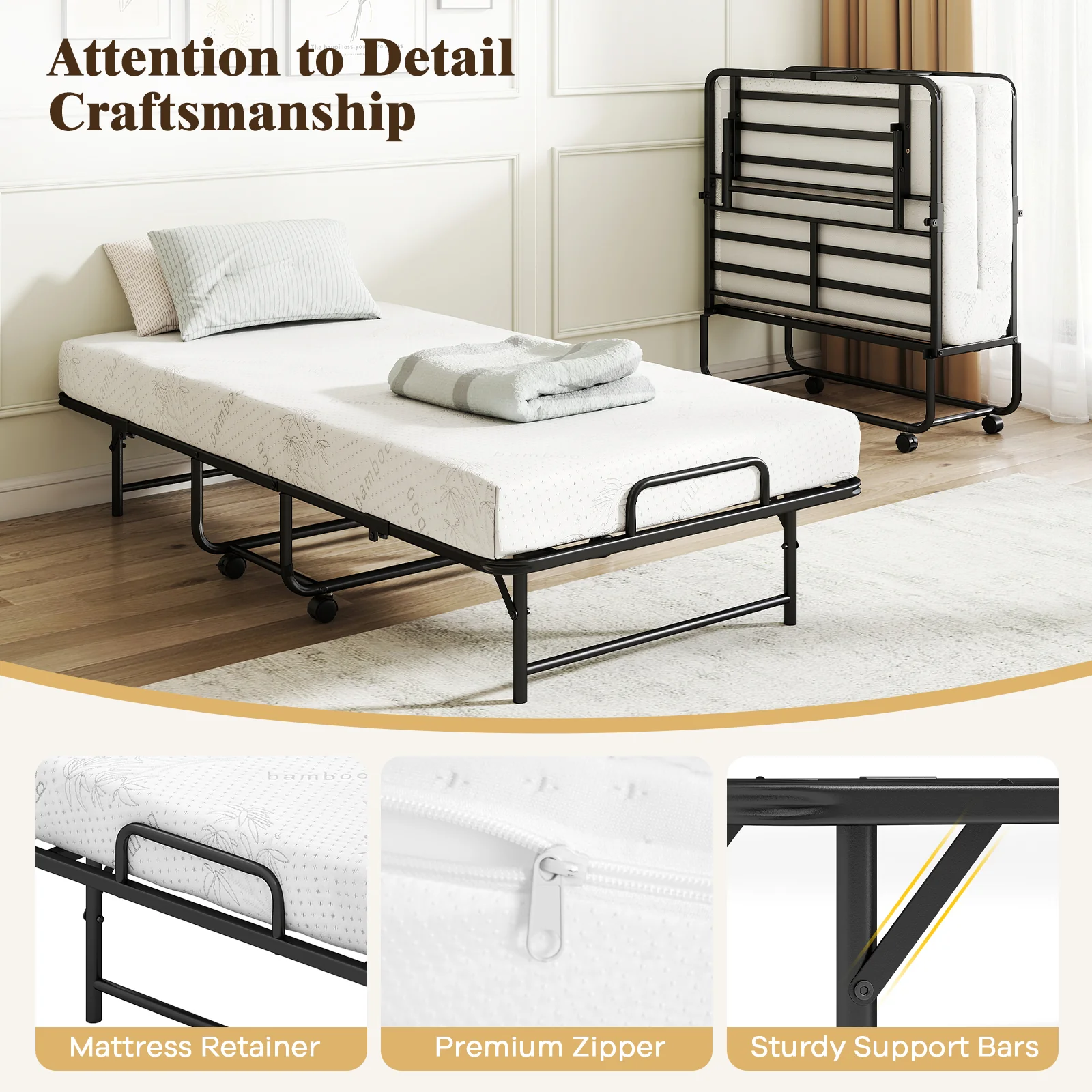 Twin Size Folding Bed with 5-Inch Mattress Rollaway Guest Bed with Memory Foam Mattress - Image 9