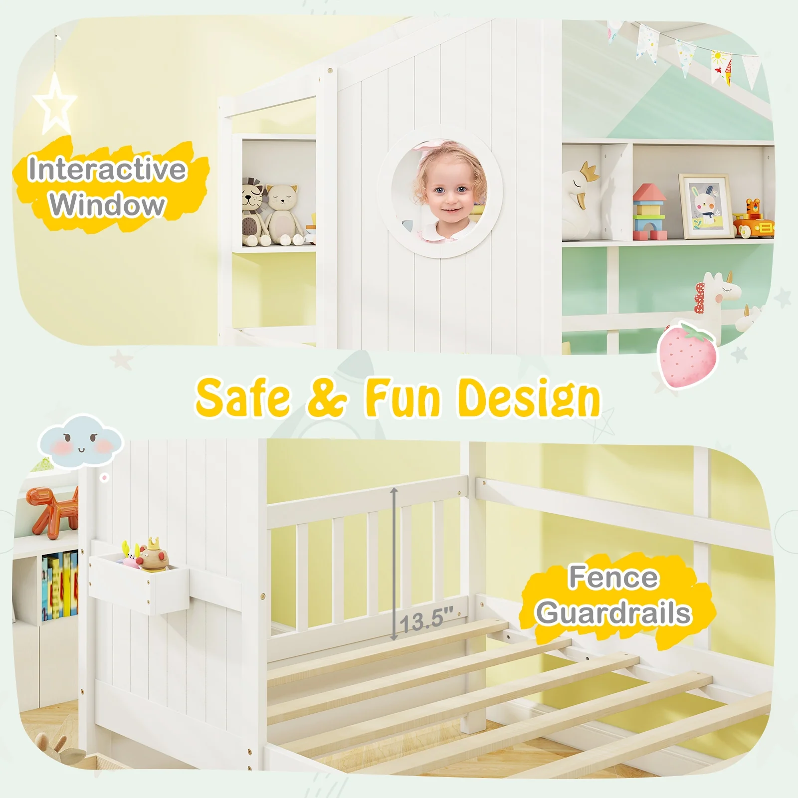 Twin Size House Bed, 2 Storage Drawers, Fence Guardrails, White - Image 10