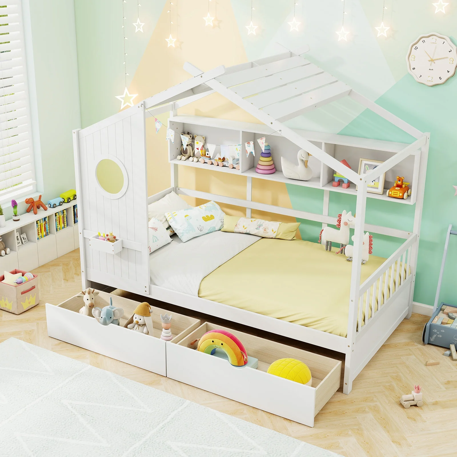 Twin Size House Bed, 2 Storage Drawers, Fence Guardrails, White - Image 2