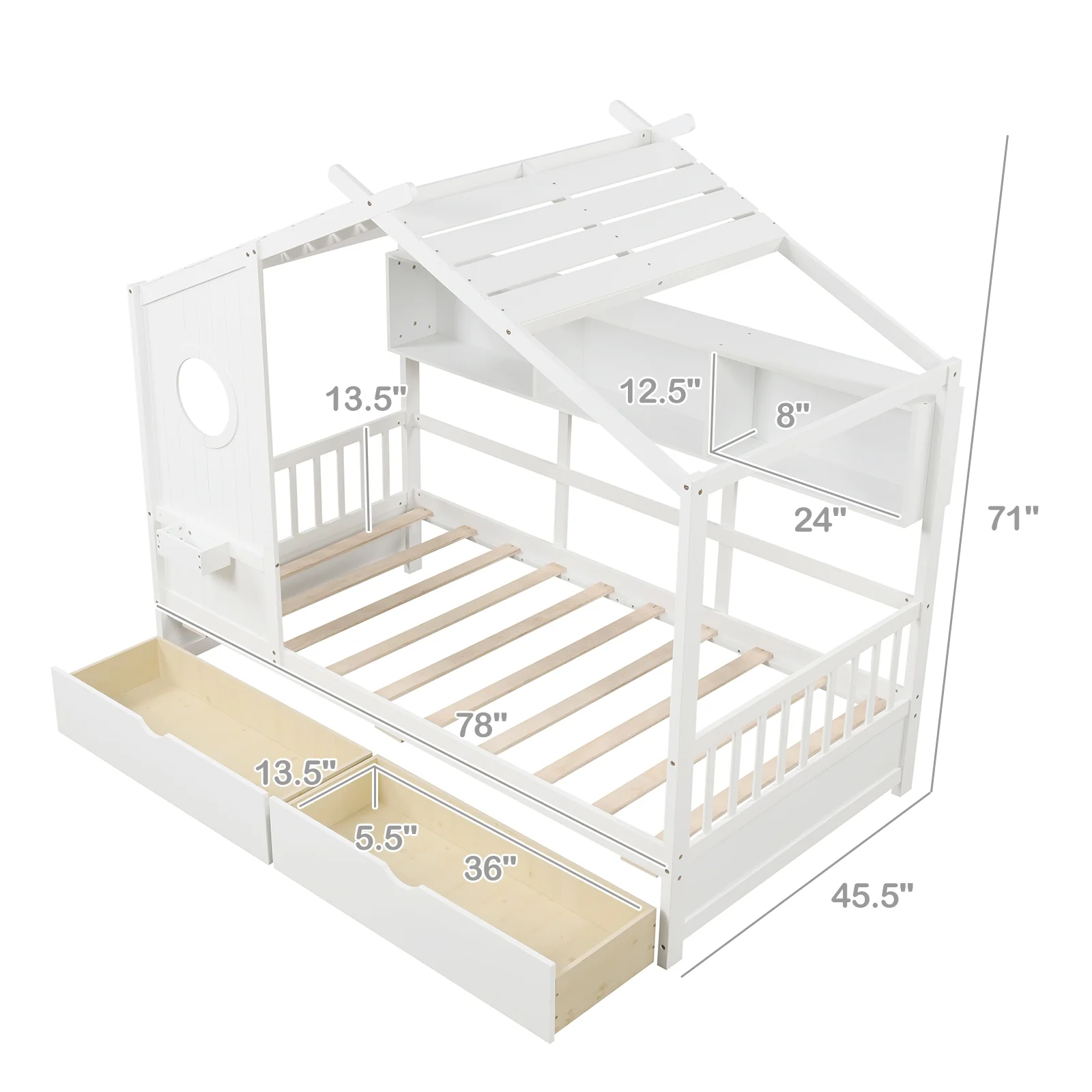 Twin Size House Bed, 2 Storage Drawers, Fence Guardrails, White - Image 5